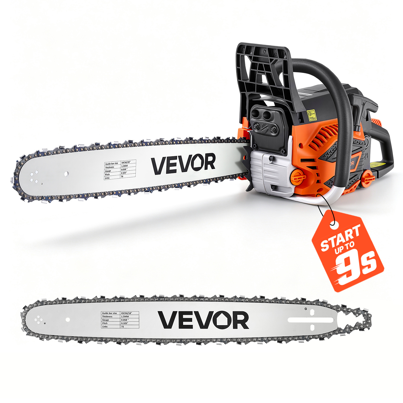 TEMU Vevor Gas Powered Chainsaw 18 & 20 Inch 58cc 3.22hp 2 Stroke Engine Saw, For Wood Cutting, Tree Trimming & Land Clearing, Throttle- Choke, Power
