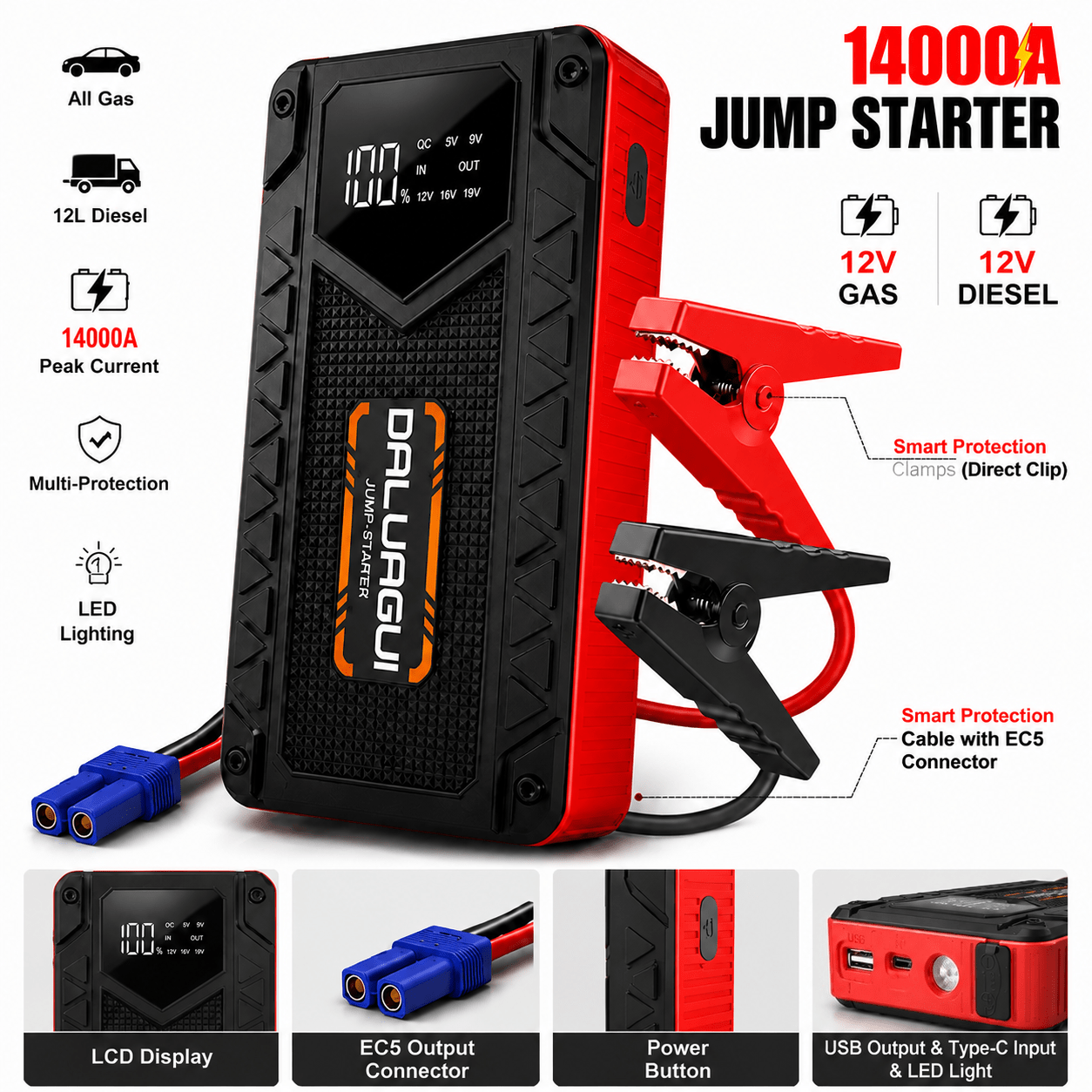 TEMU Démarreur de pour voiture 14000A et démarreur de 14000A 12-en-1 avec pompe à air, démarreur de batterie de voiture 150 PSI, adapté aux batteries