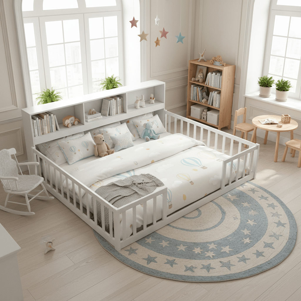 TEMU Lit d'enfant COSTWAY à même le sol, format 1 place, en bois, avec , barrières de sécurité et rangement, style, sommier à lattes