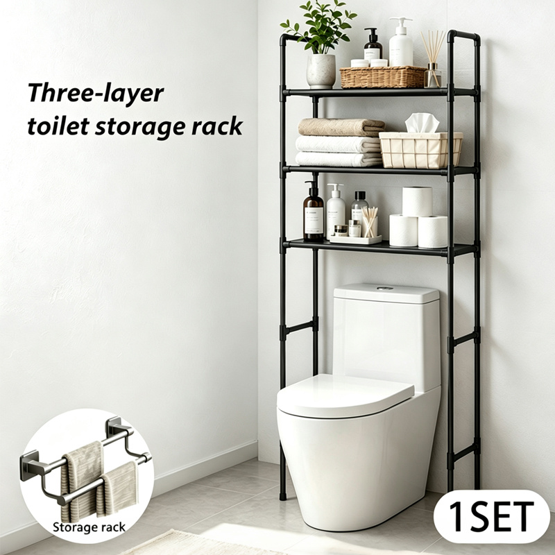 TEMU Support de rangement sur toilette à 3 niveaux - Support de rangement en métal robuste pour économiser de avec porte-rouleau, crochets et