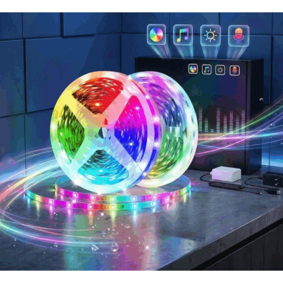 TEMU Bandeaux lumineux LED RVB de 130 pieds, 2 rouleaux de 65,5 pieds, bandes lumineuses flexibles à changement de couleur pour chambre, salon, salle