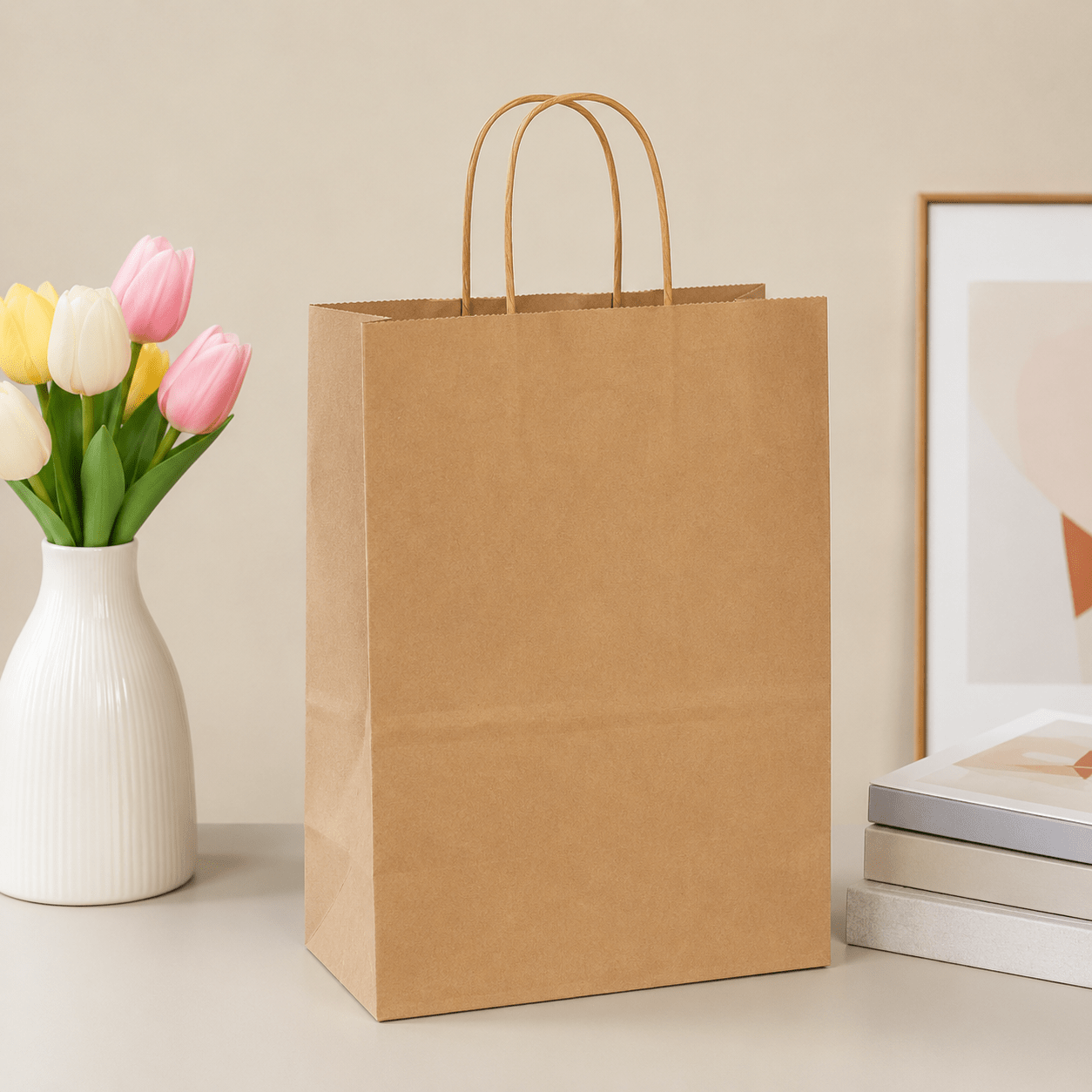 TEMU Lot de 50 sacs en papier marron avec poignées, 10 × 6,5 × 13 pouces, sacs de courses pour la vente au détail, , les fêtes, les plats à et