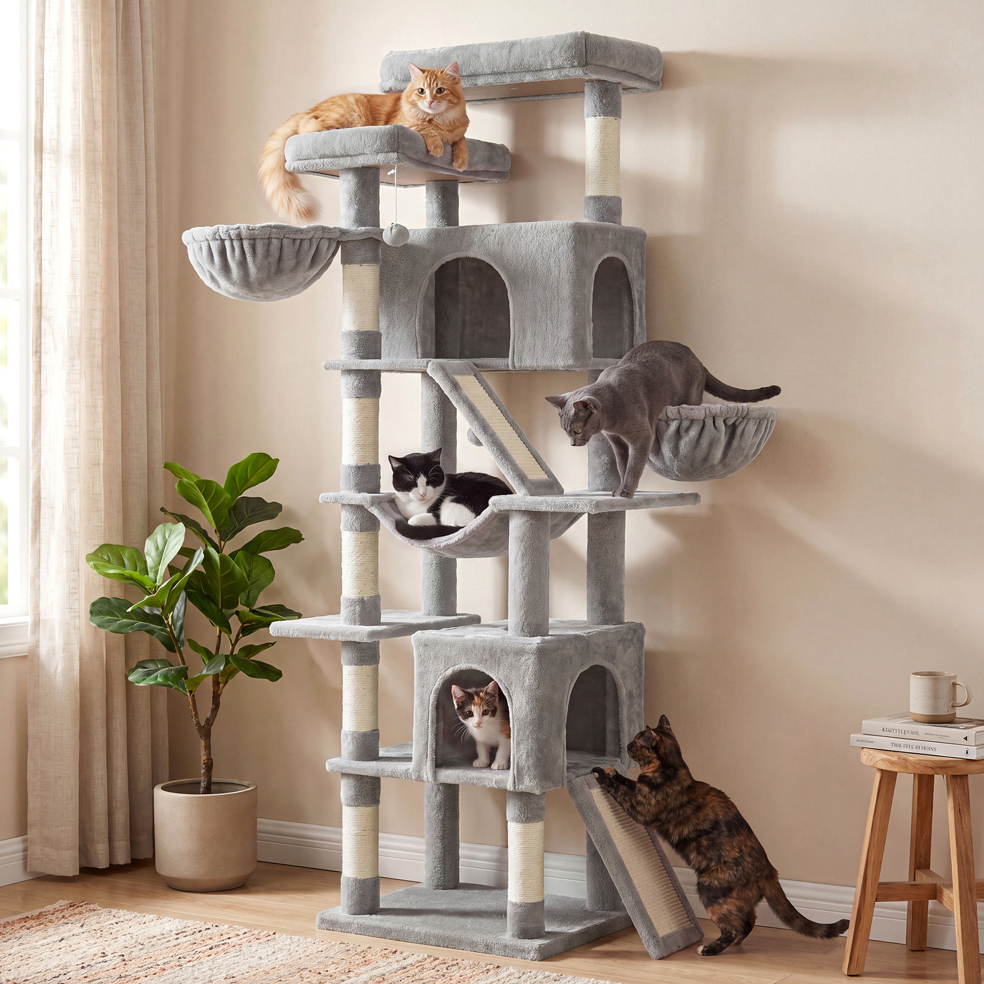 TEMU Arbre à chat multi-niveaux pour grands chats, centre d'activité haut avec griffoirs en sisal, 21.6 x 17.7 x 81.1 pouces, gris