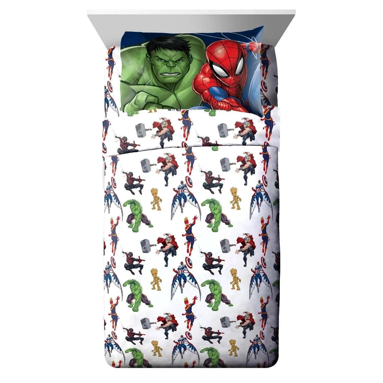 TEMU Parure de draps 3 pièces Marvel Avengers pour enfant, format 1 personne - Drap plat, drap-housse et taies d'oreiller