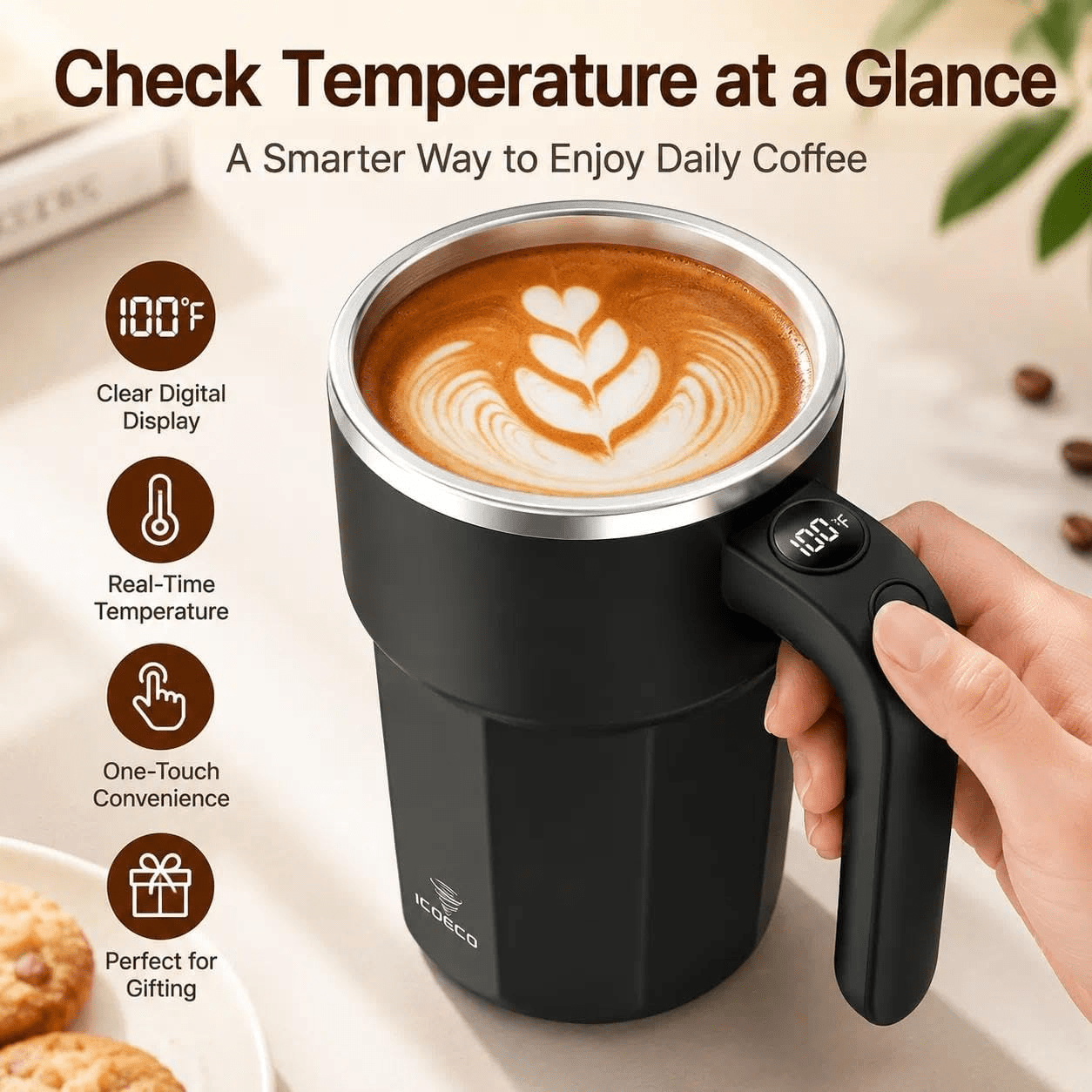 TEMU Tasse à -mélangeante, Tasse électrique magnétique auto-mélangeante avec écran numérique, Tasse de mélange magnétique rechargeable de 12 oz avec