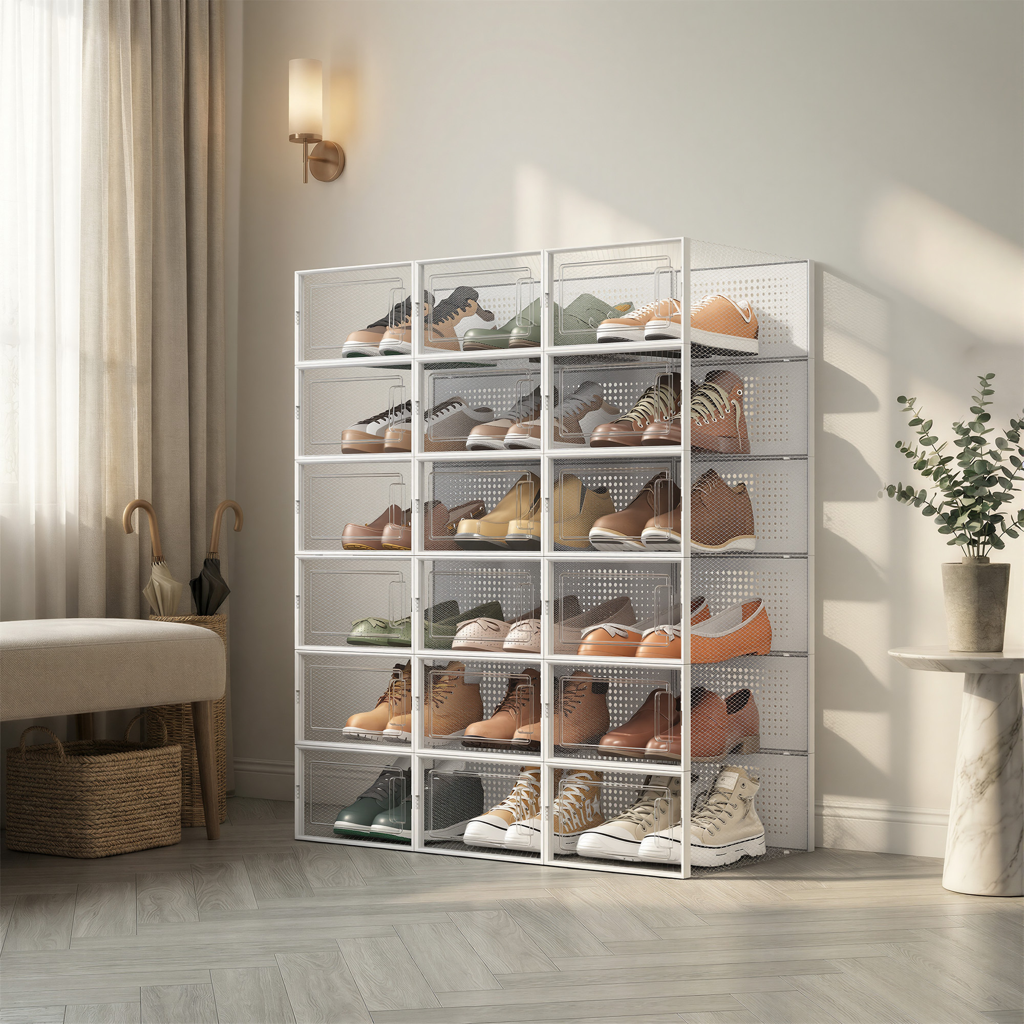 TEMU Boîtes à chaussures, Ensemble de 18 organisateurs de rangement pour chaussures, empilables et pliables pour baskets, adaptés jusqu'au taille US