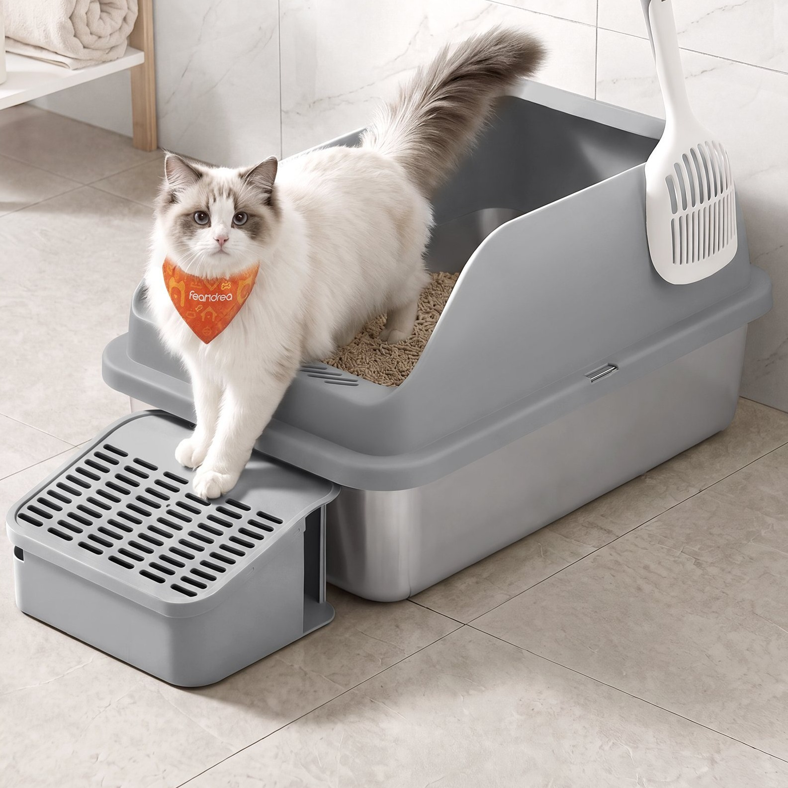 TEMU Bac à litière ouvert en acier inoxydable pour chat, litière à bords hauts avec pelle et marchepied, pour grands chats, gris schiste