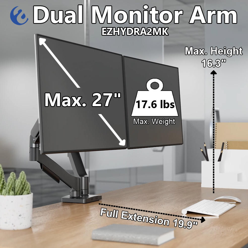 TEMU Dual Monitor Arm With Spring Mechanism For 17"-27" Monitors 8kg Max Weight Per Screen - Clamp And Grommet Base Installation Included - Mounts