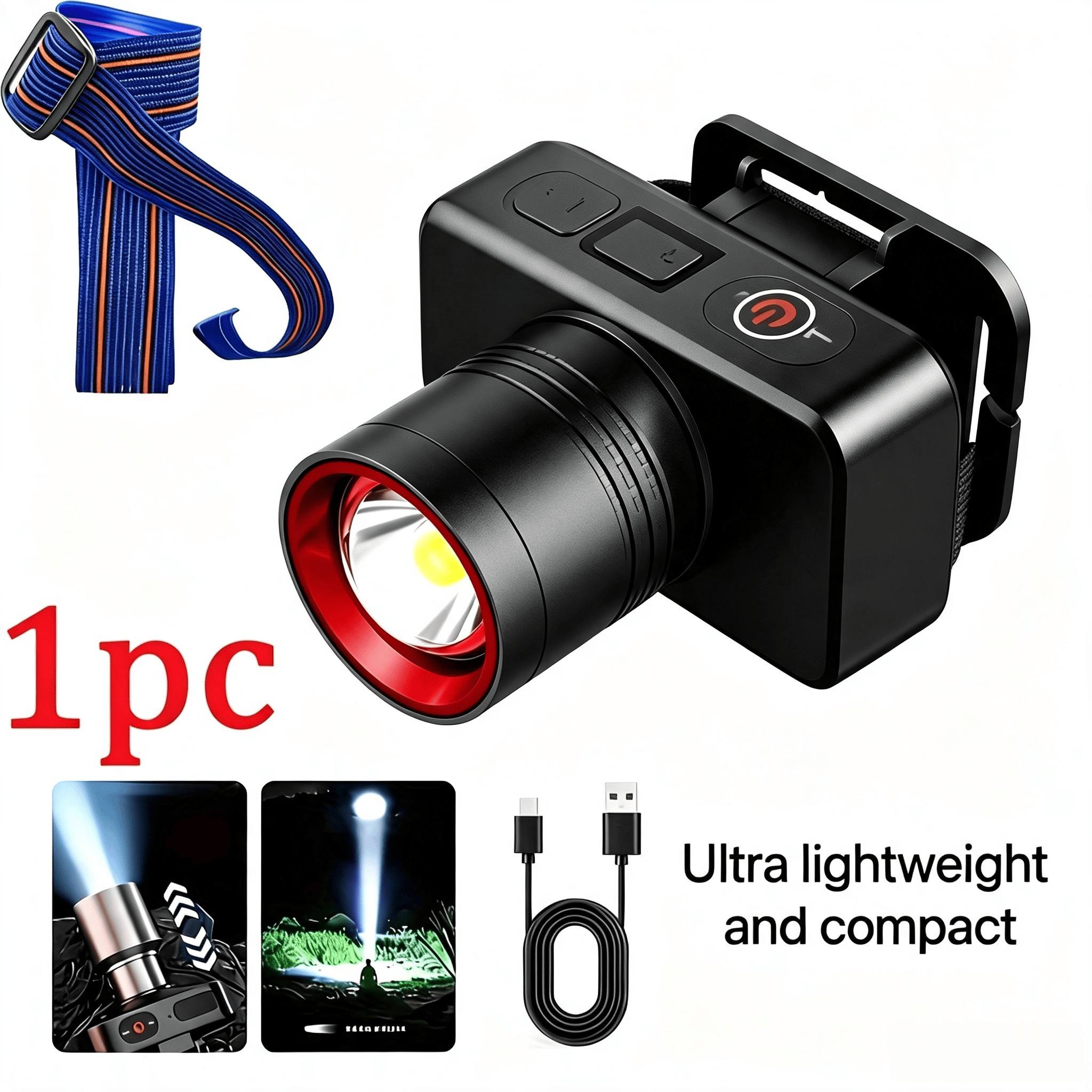 TEMU Lampe Frontale LED Rechargeable 2/1pièce avec Bandeau Réglable, Lampe Frontale Portable pour Camping, Pêche, Course de Nuit, Réparation d'