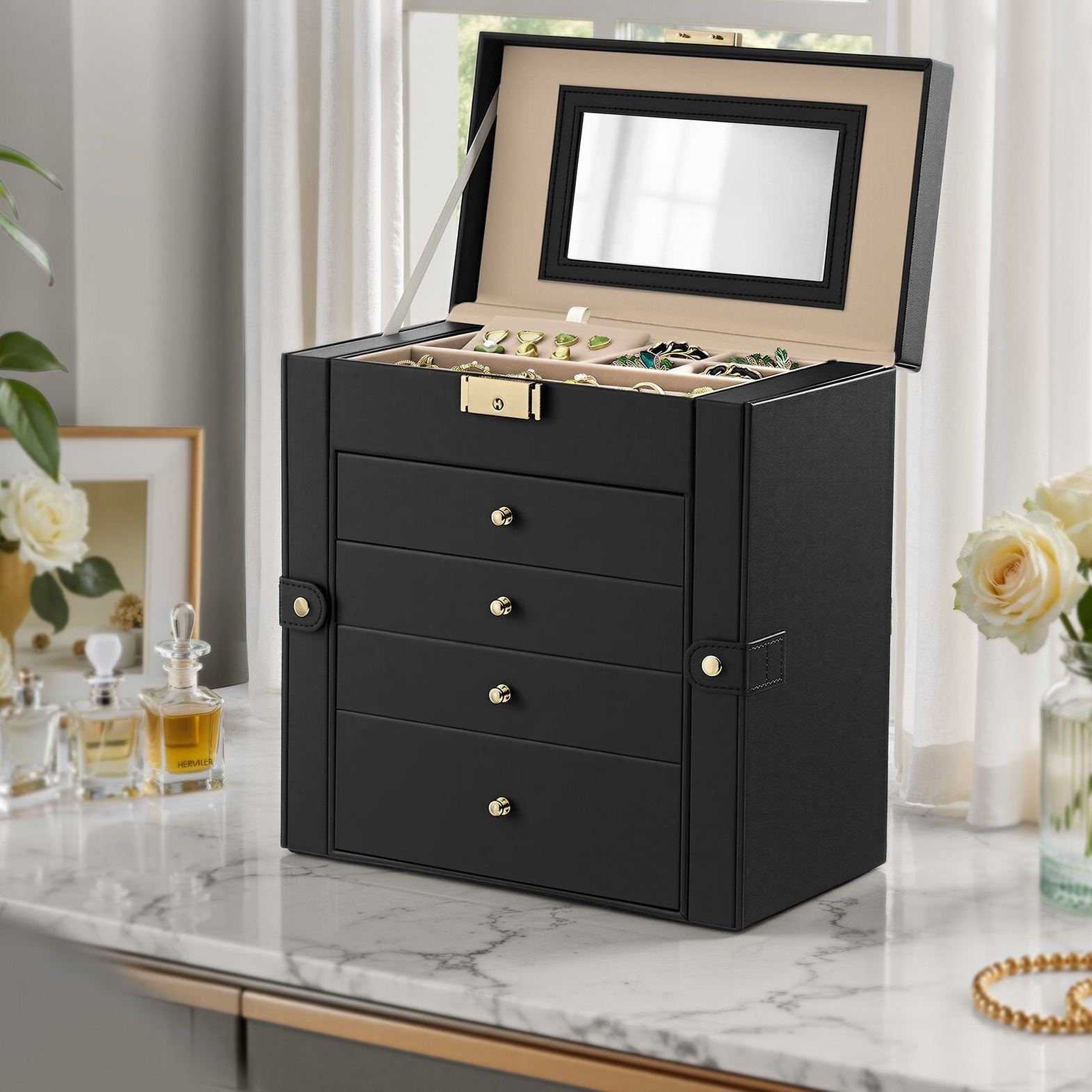 TEMU Boîte à bijoux à 5 niveaux, organisateur de rangement de bijoux avec 4 tiroirs, noir