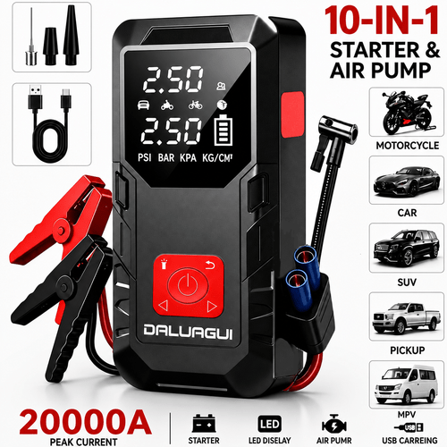 item picture car battery starter 20000 a only starting function optionally 10 in 1 multifunction 20000 a starter with air pump and inflation accessories 150 psi car battery starter suitable for batteries with 2 64 gallons of gasoline 38 gallons of similar complete with high pressure air pump starter and car emergency kit