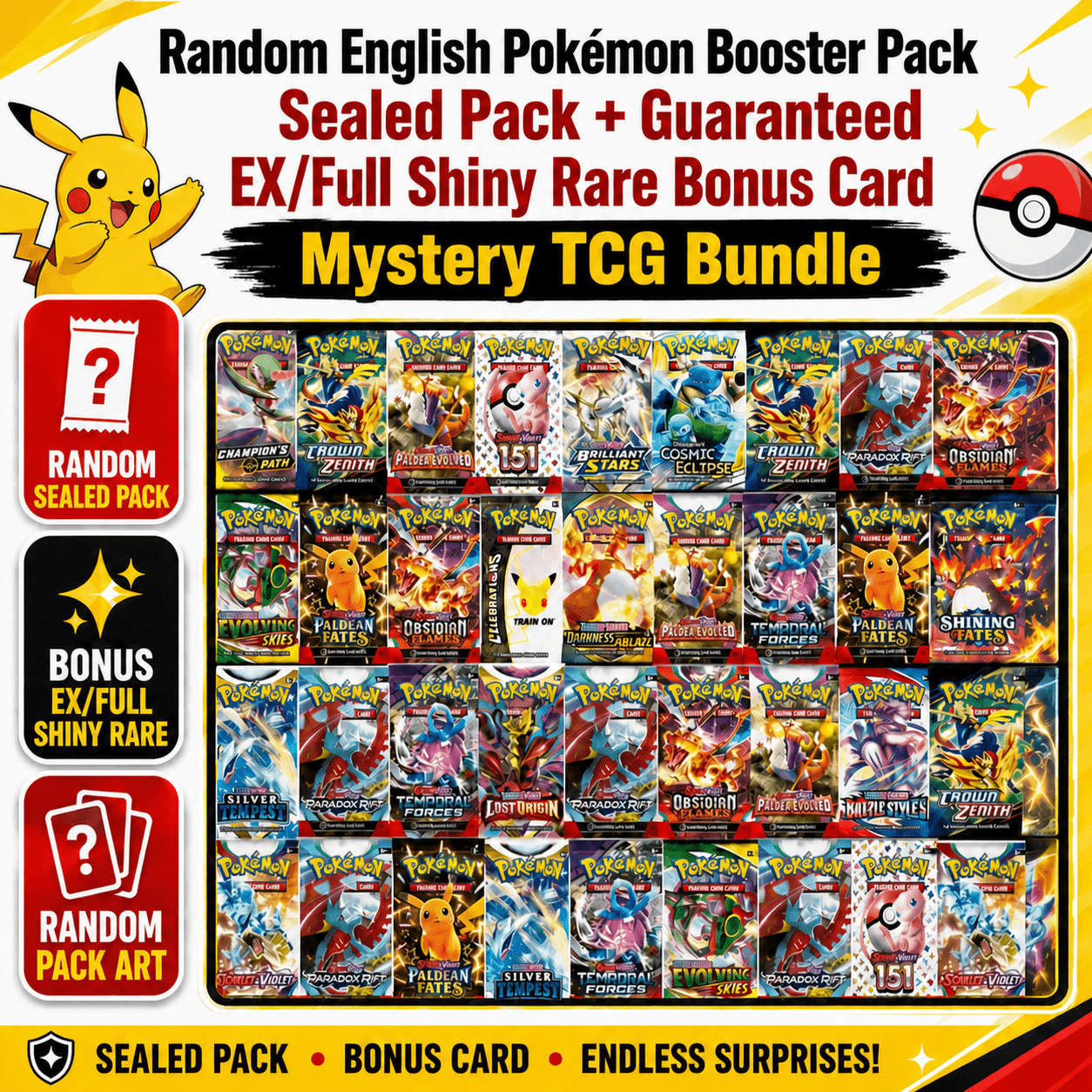 TEMU Pack de boosters – Pack anglais scellé aléatoire + EX/Full Shiny bonus