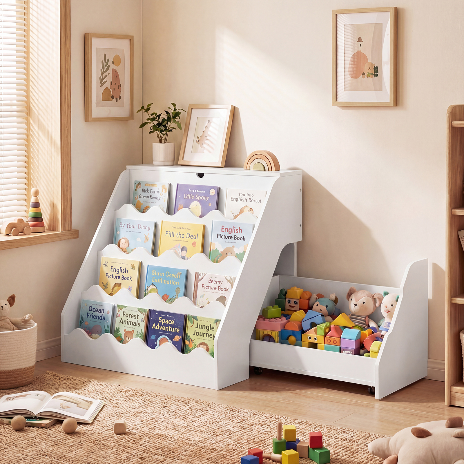 TEMU 2-en-1 Étagère à Livres & Organisateur de Rangement de Jouets pour Enfants, Support de Rangement avec Chariot à Tiroir Roulant, Étagère à Livres