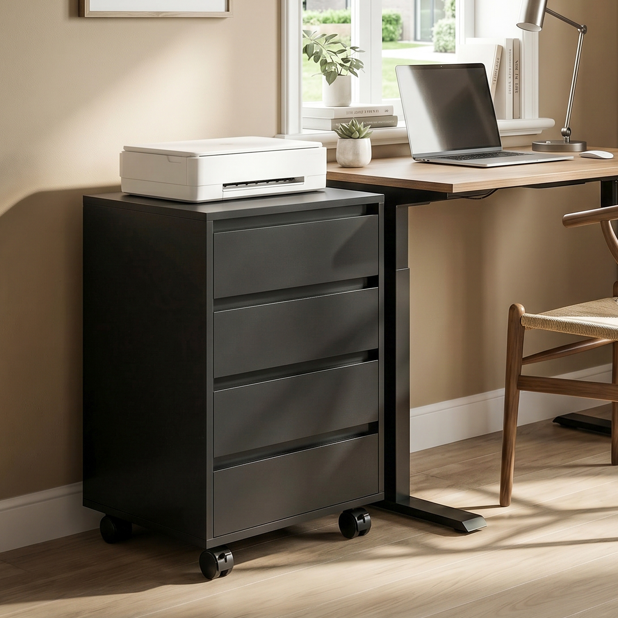 TEMU Classeur vertical à 4 tiroirs avec roulettes verrouillables, support d'imprimante moderne pour bureau à domicile, noir
