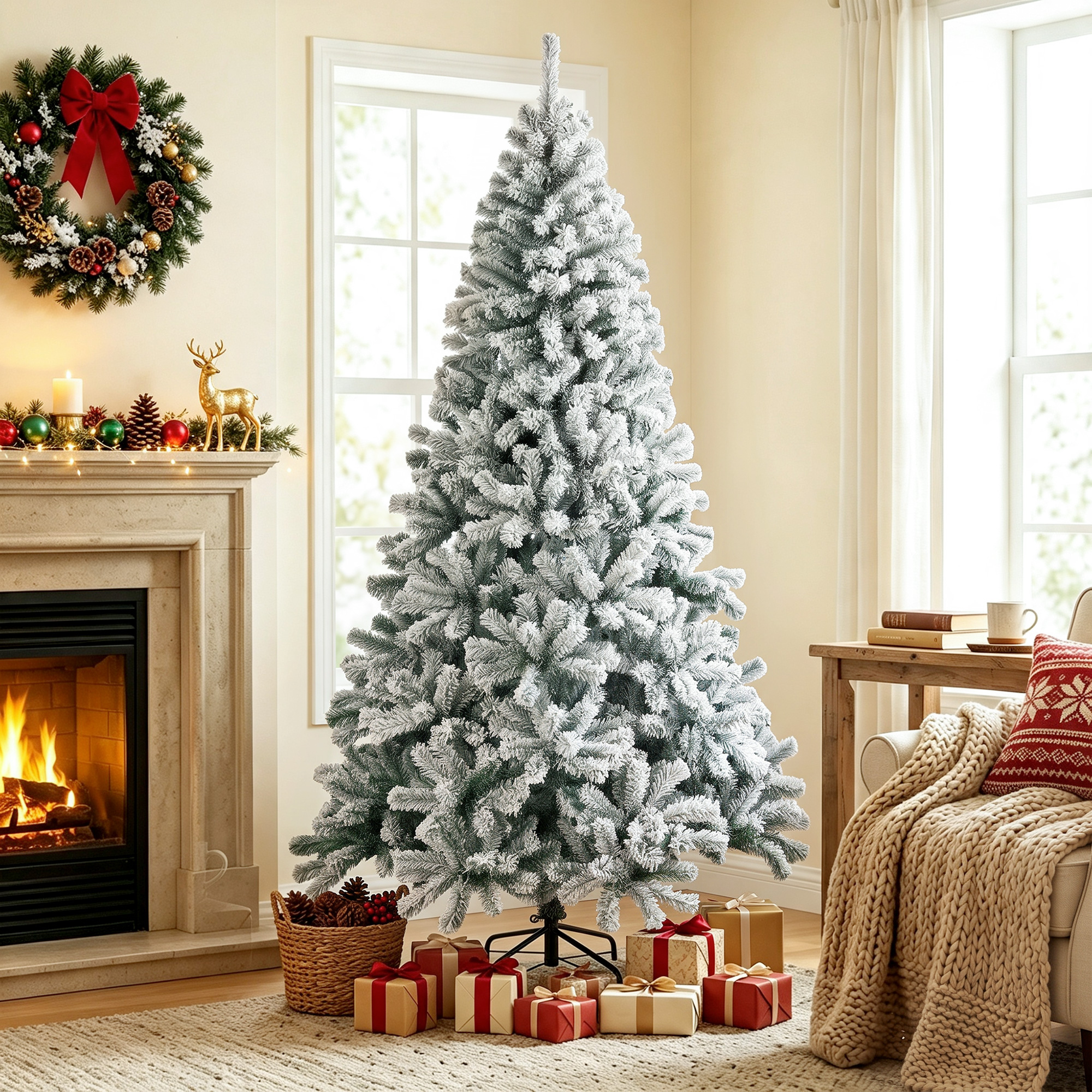 TEMU Sapin de Noël 7 pieds effet neige floquée avec 1000 pointes de branches, à charnières pour un montage facile, sapin de Noël artificiel en sapin