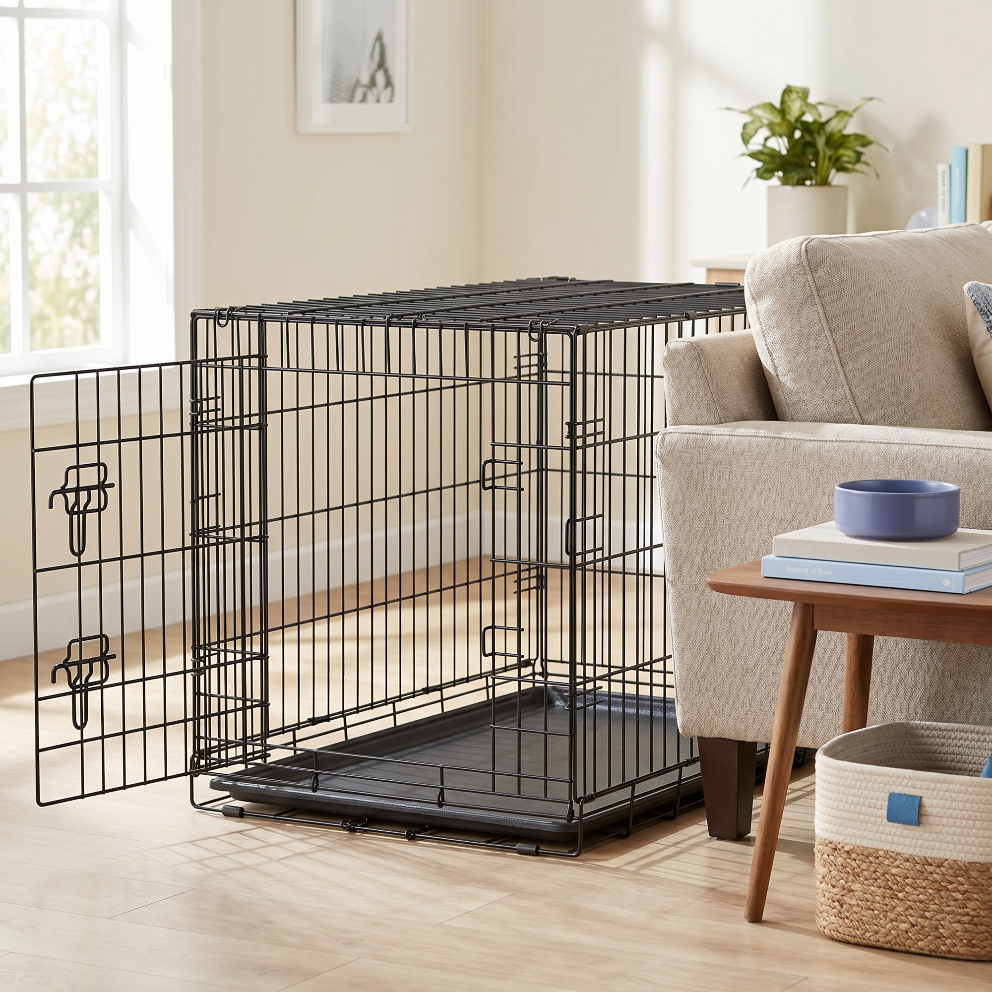 TEMU Caisse de transport pliante en métal pour petits chiens, porte unique avec bac amovible, 92,5 x 58,2 ,4 cm, noire