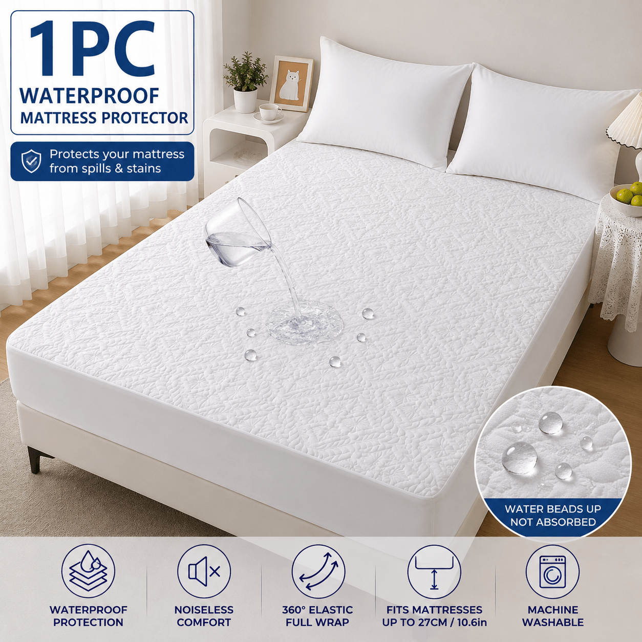 TEMU 1pc Waterproof Mattress Protector, Quilted Noiseless Polyester Fitted Mattress Cover with 360° Full Wrap , Soft Comfortable Patterned Mattress