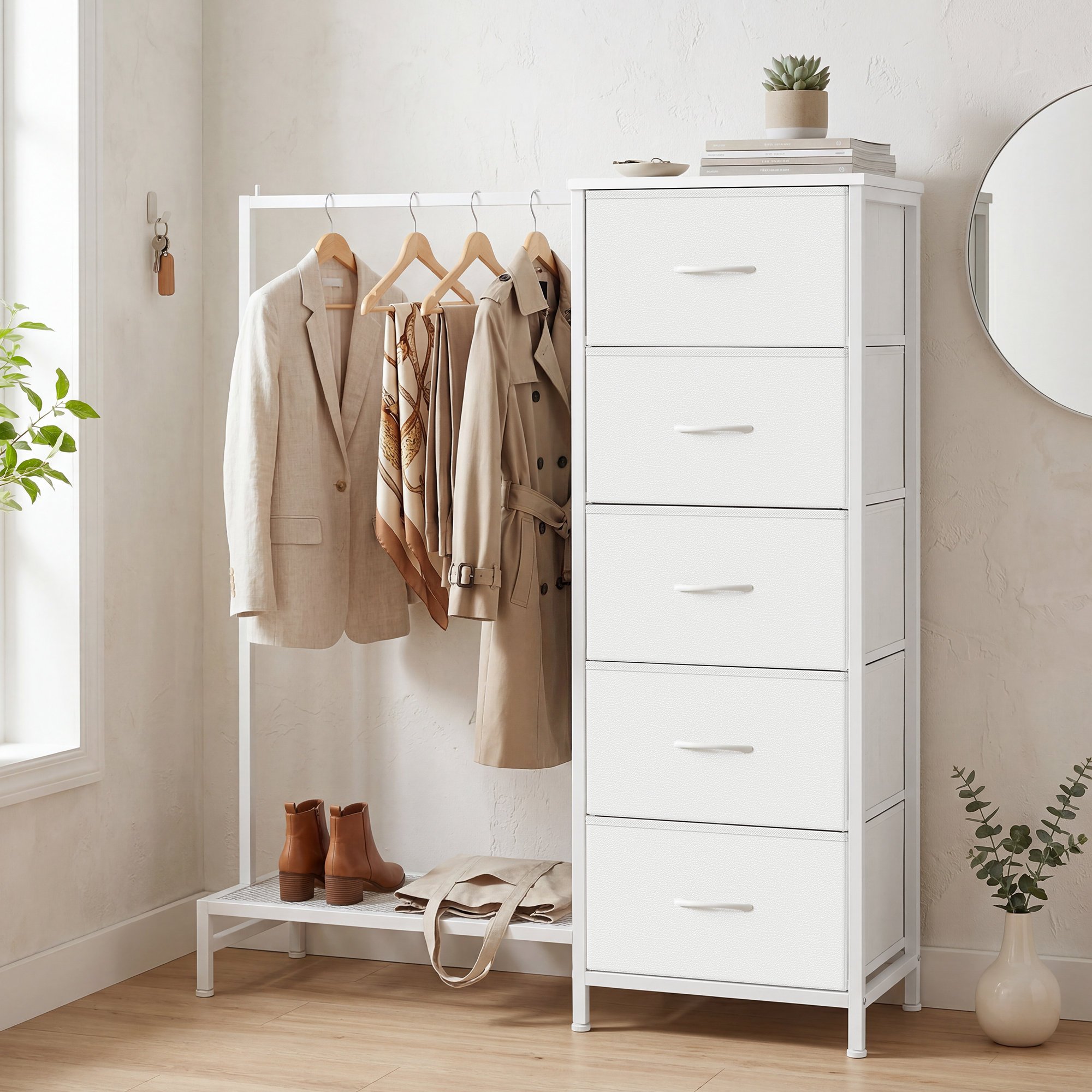 TEMU Commode avec barre à suspendre et 5 tiroirs, de rangement autoportante, 37.9 x 11.8 x 46.3 pouces, Blanc