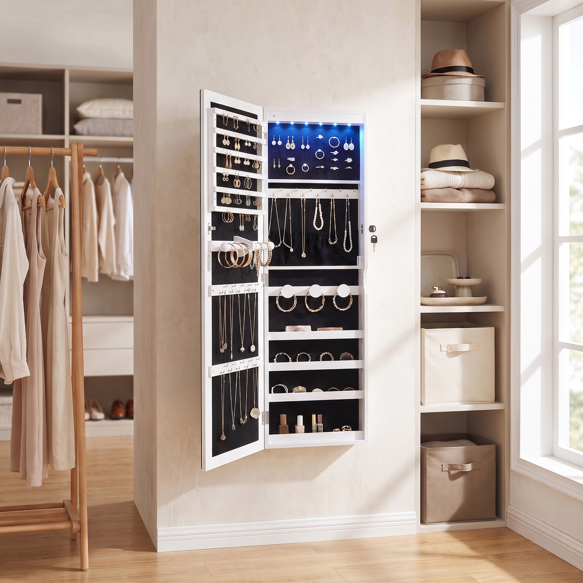 TEMU Jewelry Cabinet With Full Length Mirror, Wall Or Door Mounted , 6 Led Lights, 42.5 X 3.9 X 14.6 Inches, White And Black