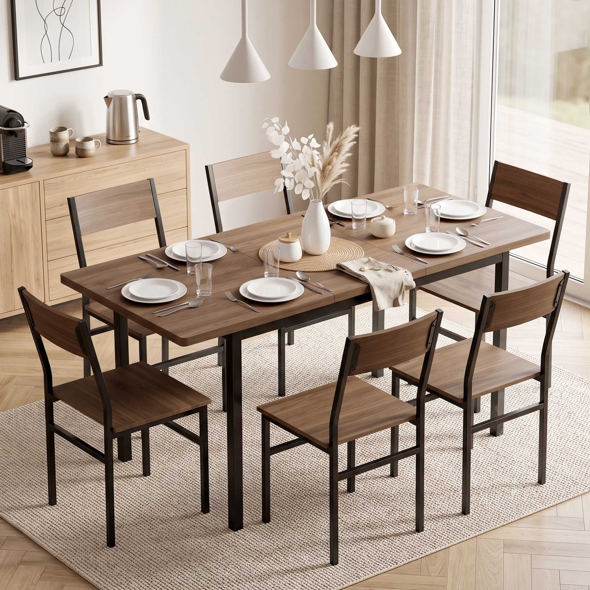 TEMU Ensemble de table de salle à manger industrielle 7 pièces pour 4-6 personnes, table de cuisine extensible de 47"-63" avec 6 chaises accoudoirs,