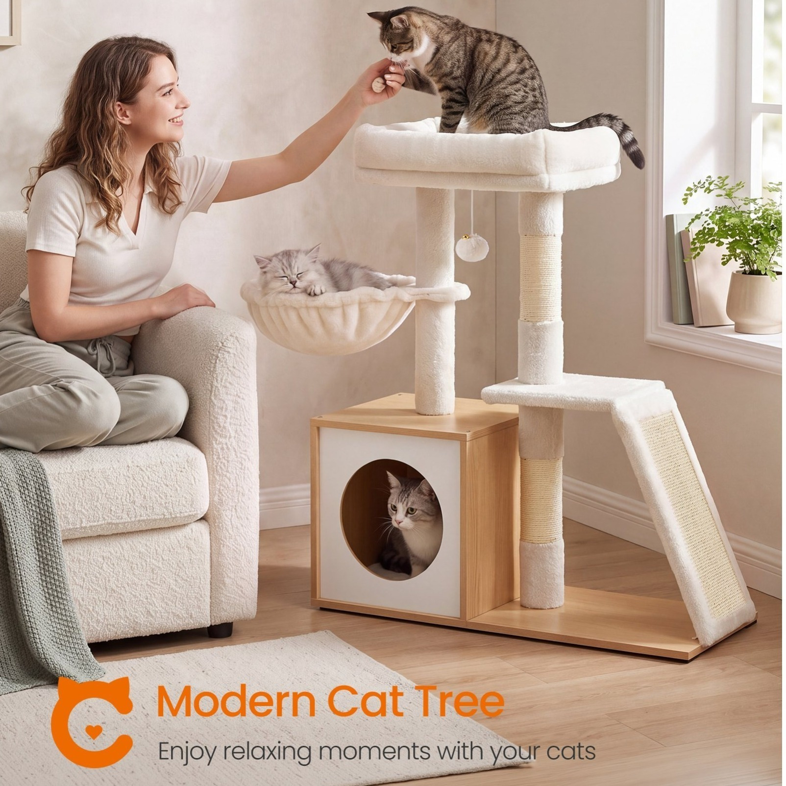 TEMU Petit arbre à chat tour avec poteau à et niche, 27,6 x 11,8 x 31,5 pouces, beige et blanc nuage