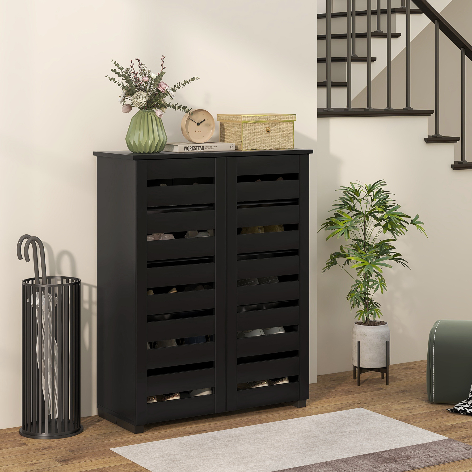 TEMU Slim Shoe Cabinet With 2 Slatted Doors For 15 Pairs Of Shoes Black, Modern Entryway Organizer With Adjustable Shelves And Anti-tipping Hardware