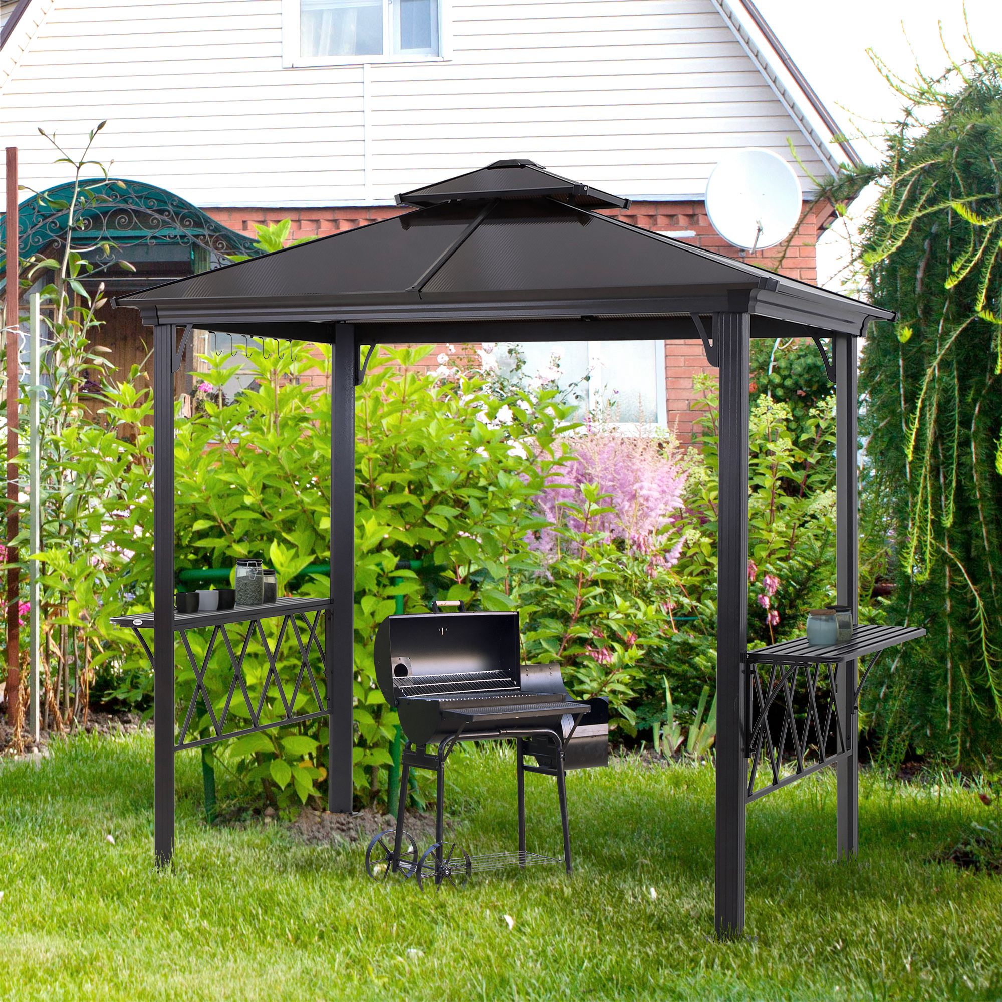 TEMU Grill 9' x 5', Auvent de BBQ à Toit Rigide en Polycarbonate à 2 Niveaux, Étagères, Tables de Service et Crochets, pour Patio de Jardin, Noir et