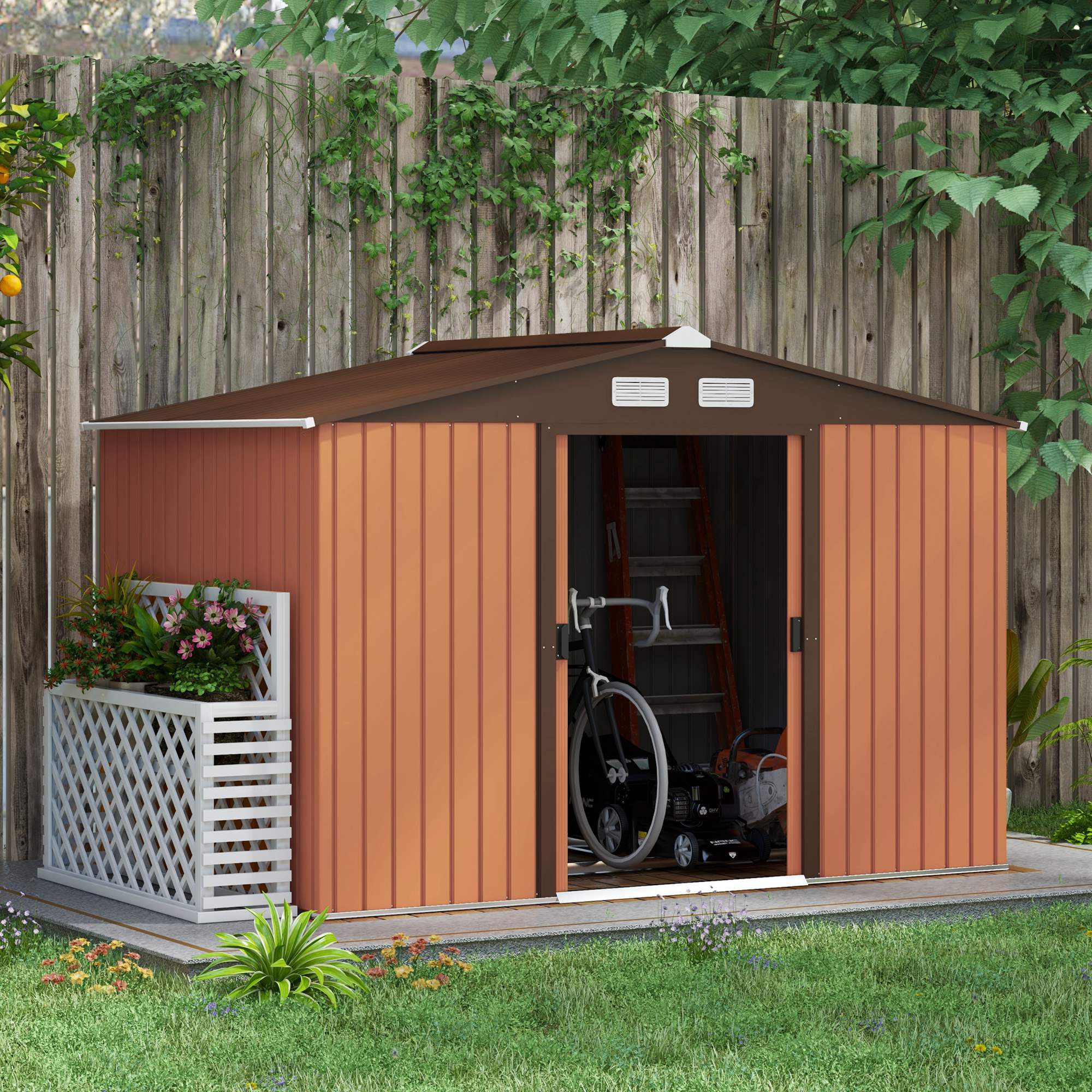 TEMU 9' x 6' Écurie de jardin avec kit de , maison de rangement de outils en métal avec portes pour patio extérieur, marron