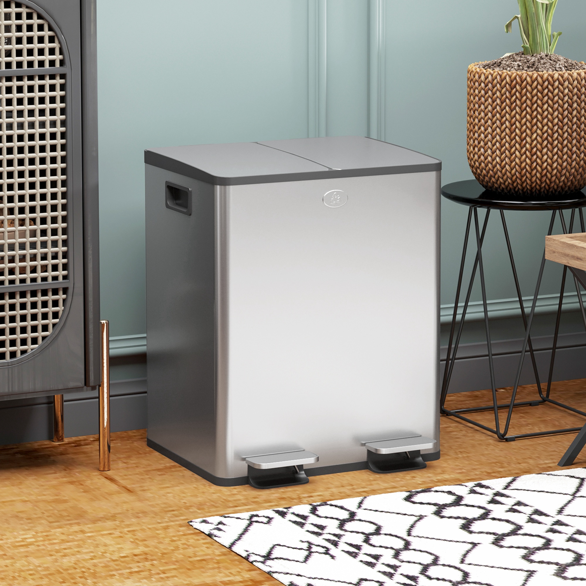 TEMU Poubelle Double, 2 x Poubelle de 20 Litres avec Couvercle à Fermeture Douce, 22.3" H, Argent
