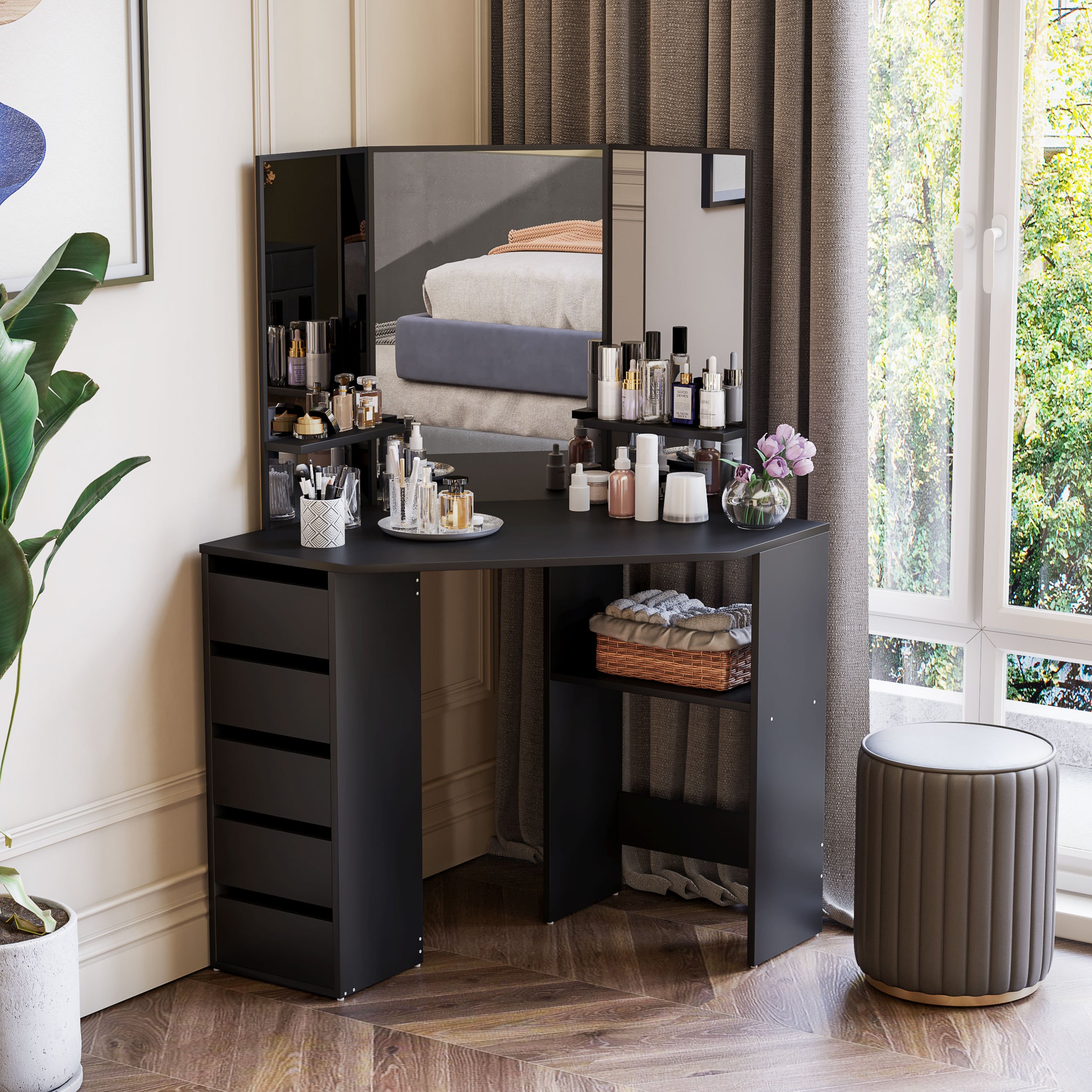 TEMU Coiffeuse d'angle, bureau de maquillage avec 3 pièces et 5 tiroirs
