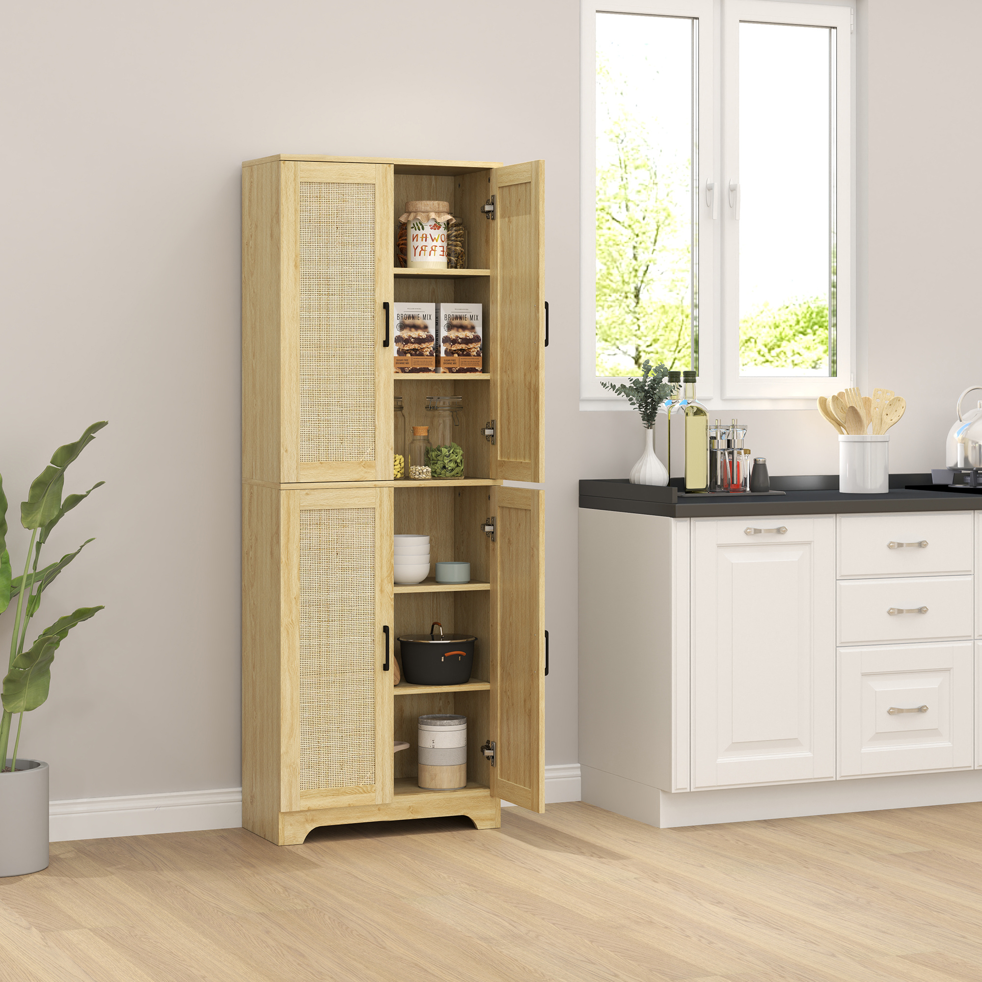 TEMU Garde-manger de cuisine avec 4 portes en rotin et étagères réglables