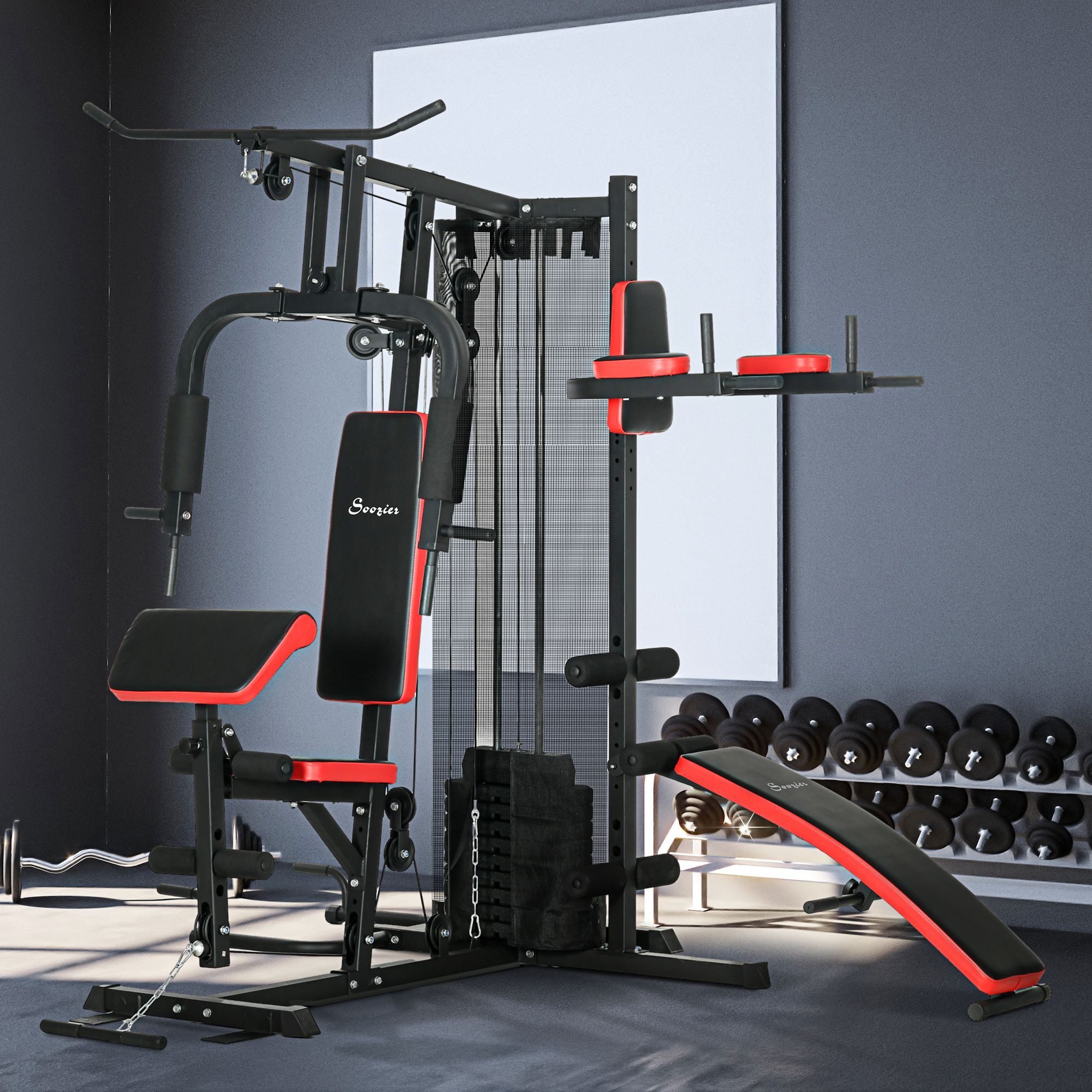 TEMU Station d'Entraînement Multi-Gym avec Pile de Poids de 99 lbs, Équipement de Gym à Domicile Réglable avec Banc de et Support de Pompes, pour un