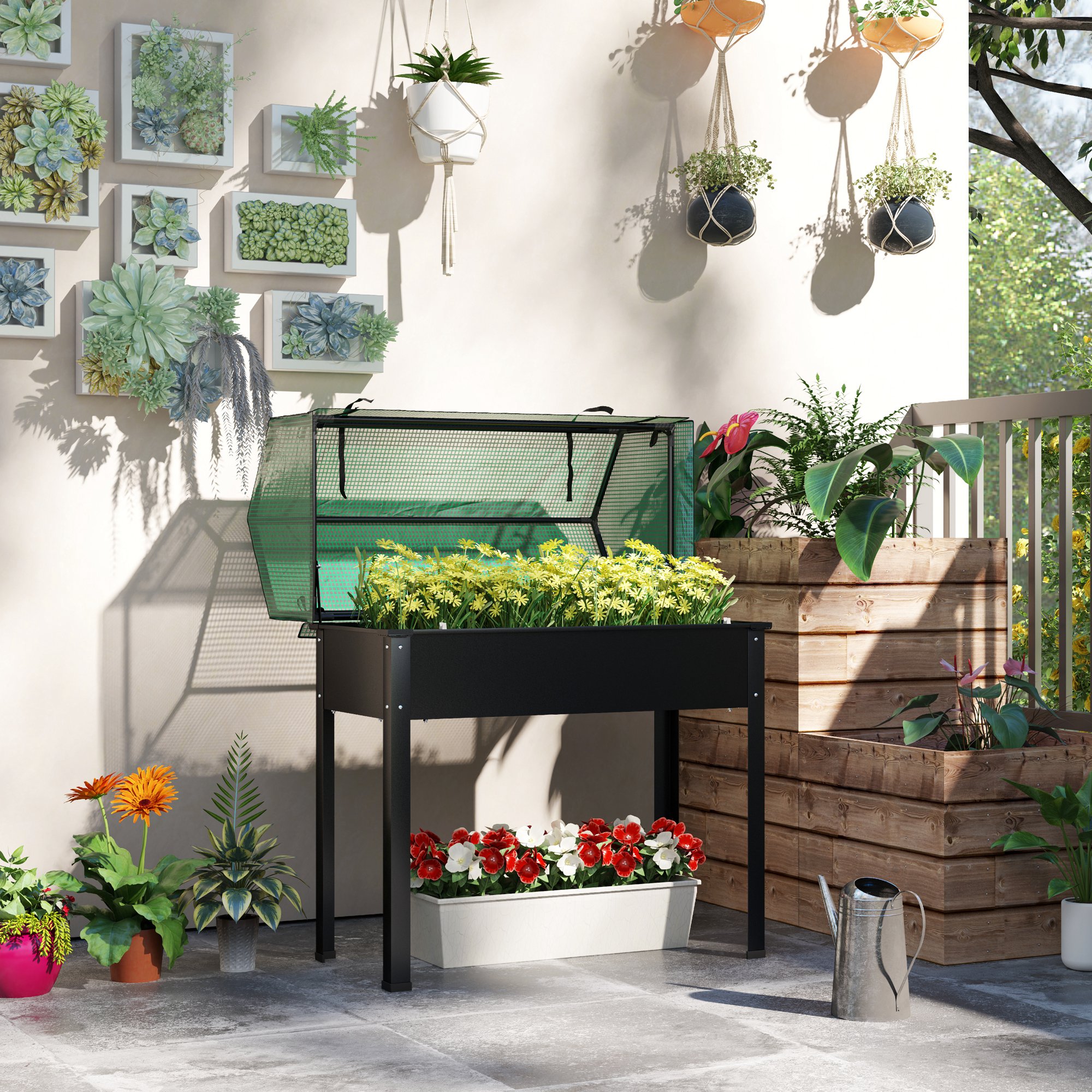 TEMU de Jardin Surélevé avec Couverture de Serre en PE Rabattable, Boîte de Jardinage Élevée avec Pieds et Trou de Drainage pour Légumes, Fleurs,