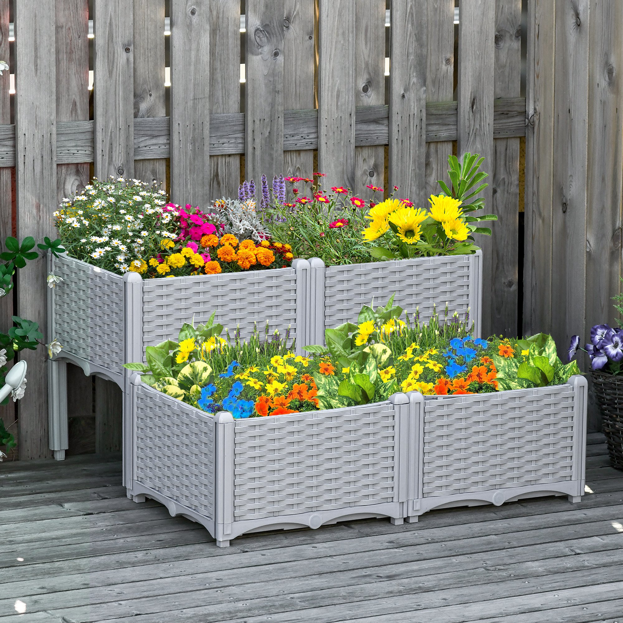 TEMU 4pièces Lit de jardin surélevé en PP Lit de fleurs surélevé Boîte de croissance et de légumes Support gris