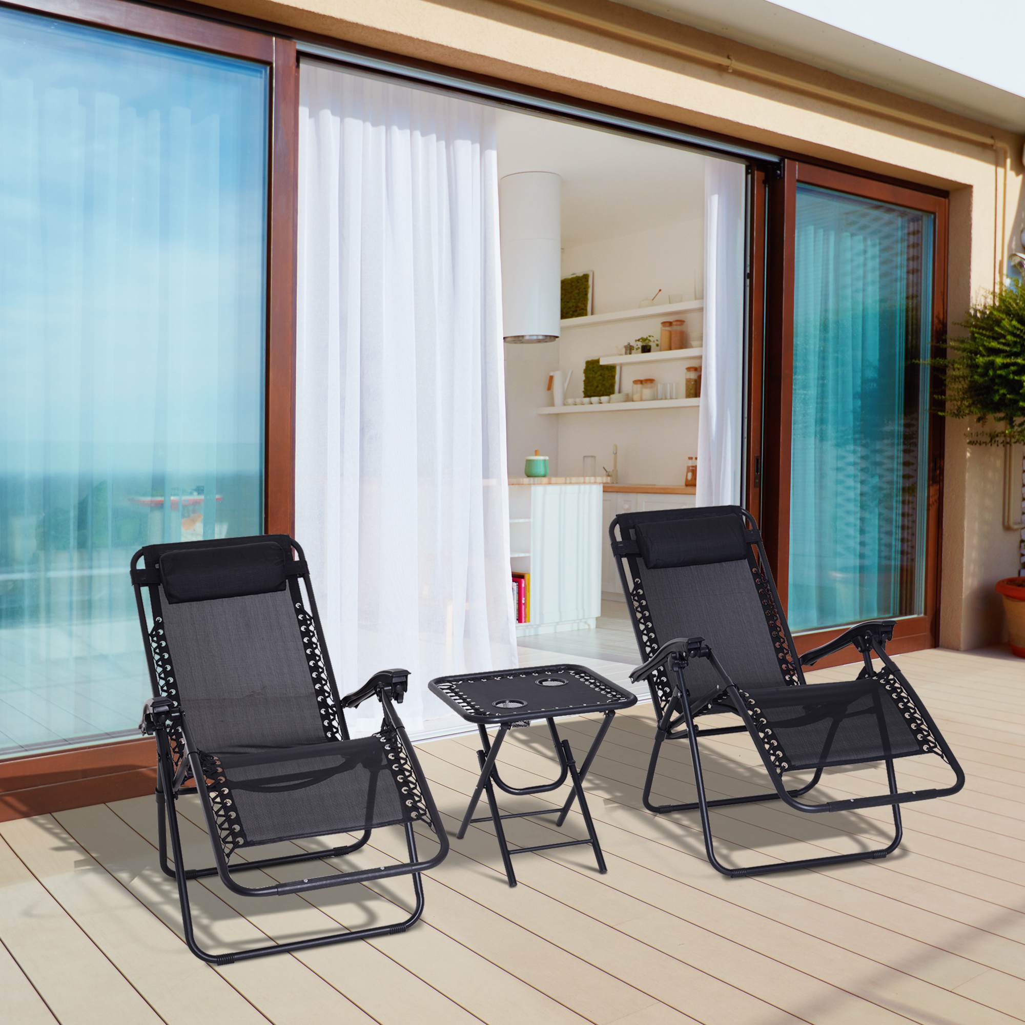 TEMU 0 Gravity Chair Set Of 2 With Side Table, Folding Lounge Chair With Cupholders & Pillows, Patio Chair Set For Pool, Backyard, Lawn, Beach, Dark