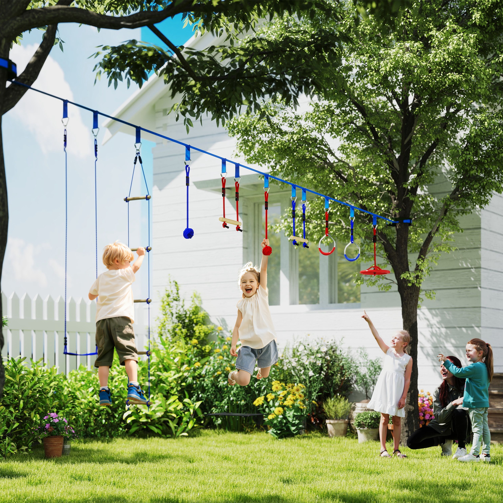   warrior obstacle course for kids 32 8    kit with swing   climbing ladder gym rings   balls hanging tray
