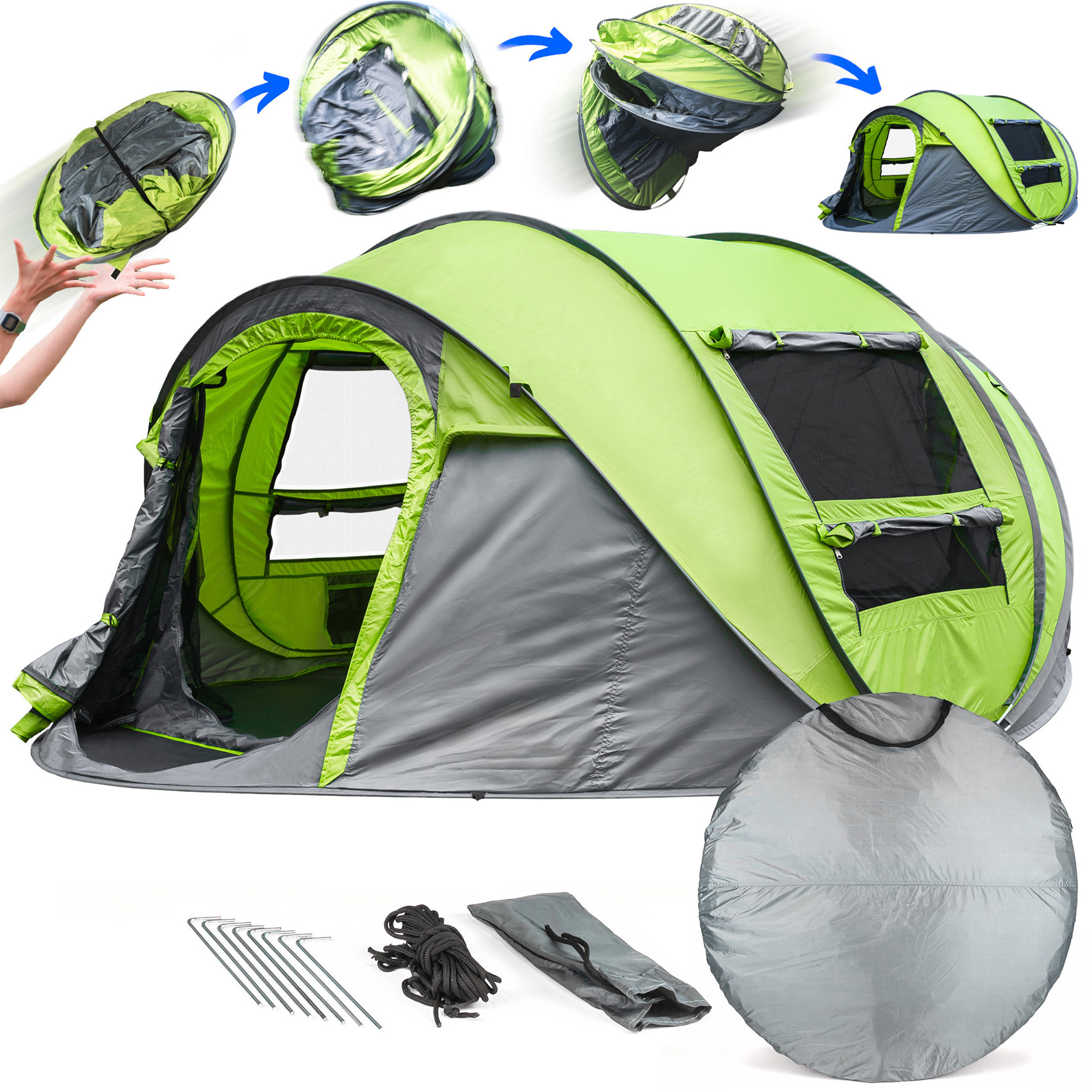 TEMU Tente Instantanée Pop-up 4 Personnes Installation Facile Résistante à Tissu Double Couche, Tente Portable avec Sac de Transport, Vert, 9.2'L x