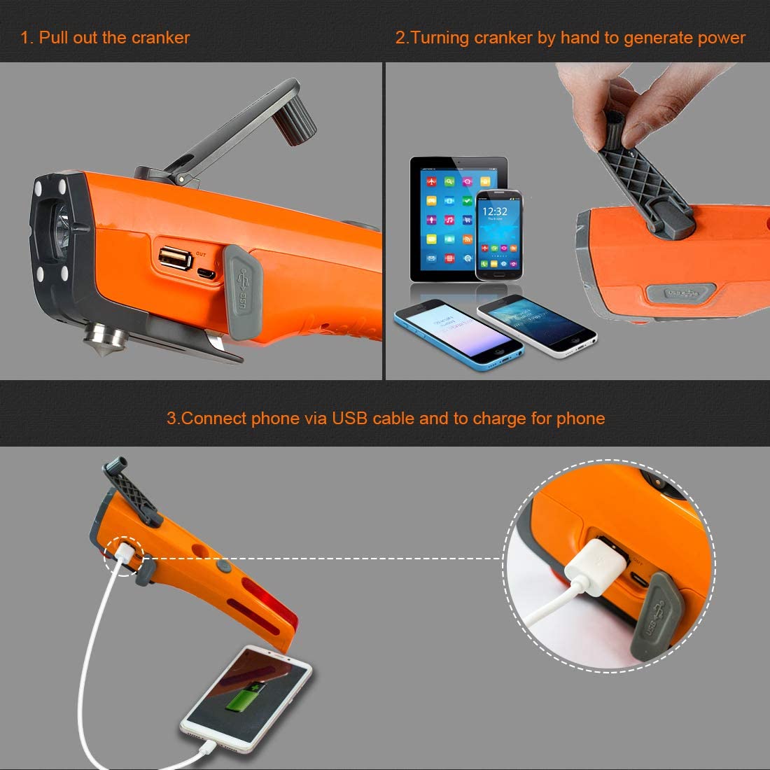 orange 8 in 1 car safety tool with long lasting flashlight rescue window breaker Product details 3