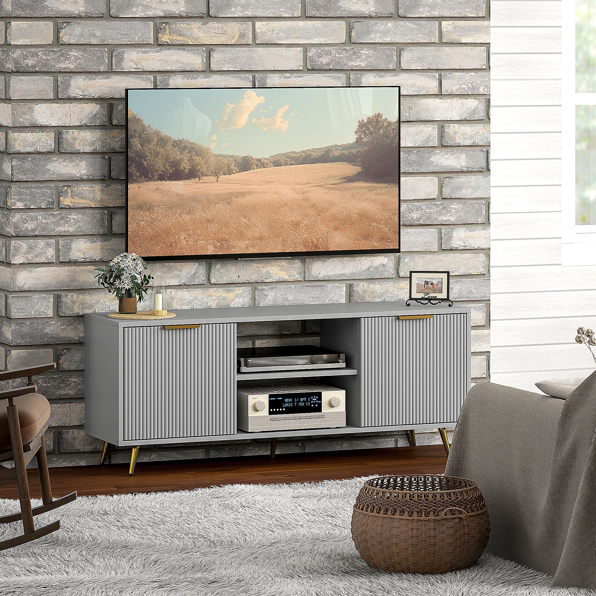 TEMU Support TV avec 2 étagères ouvertes et 2 armoires pour téléviseur 55 pouces, gris