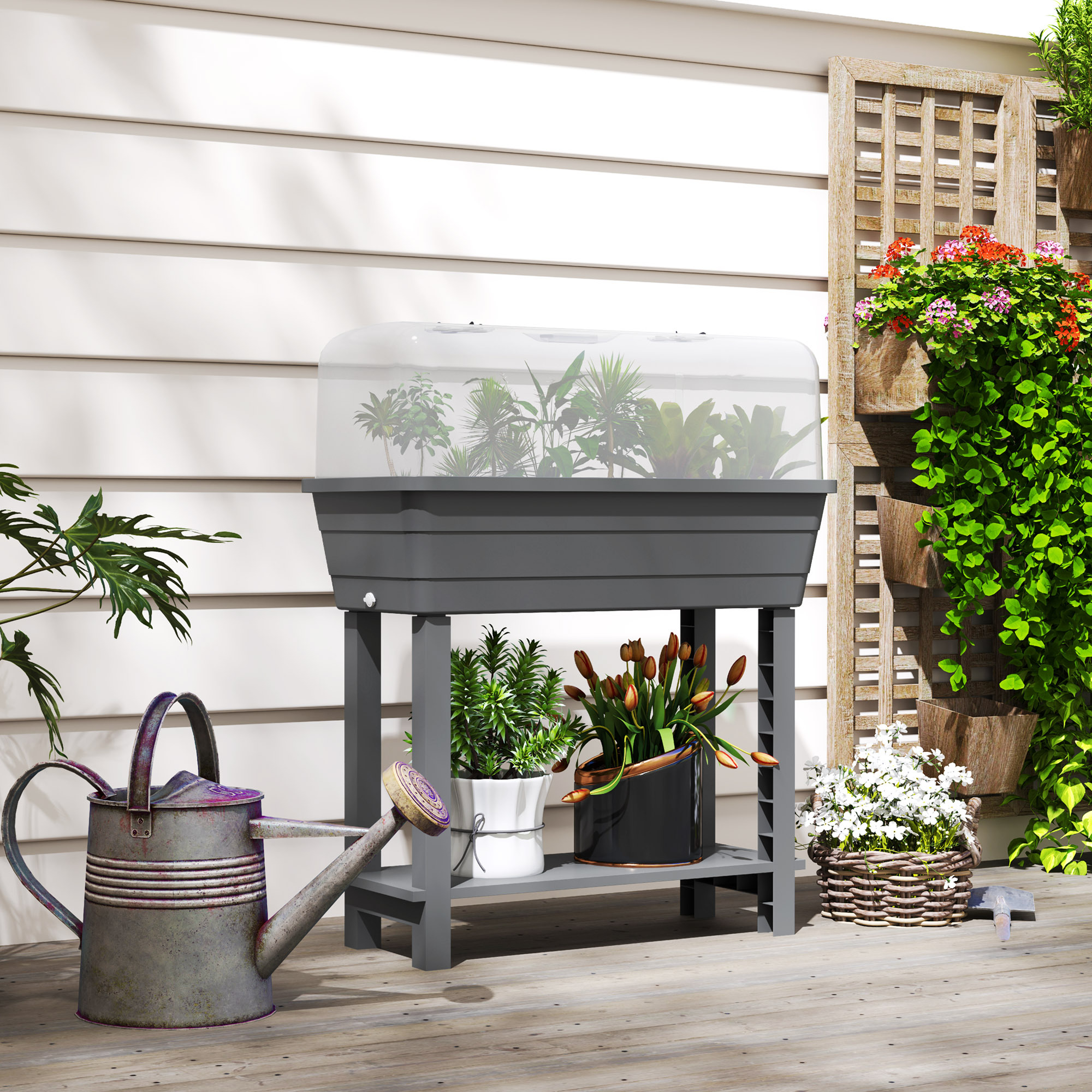 TEMU Lit de Jardin Surélevé Auto-Arrosage de 41L avec Couvercle Transparent de Ventilation Serre, Étagère de Rangement, Boîte de Jardinière avec