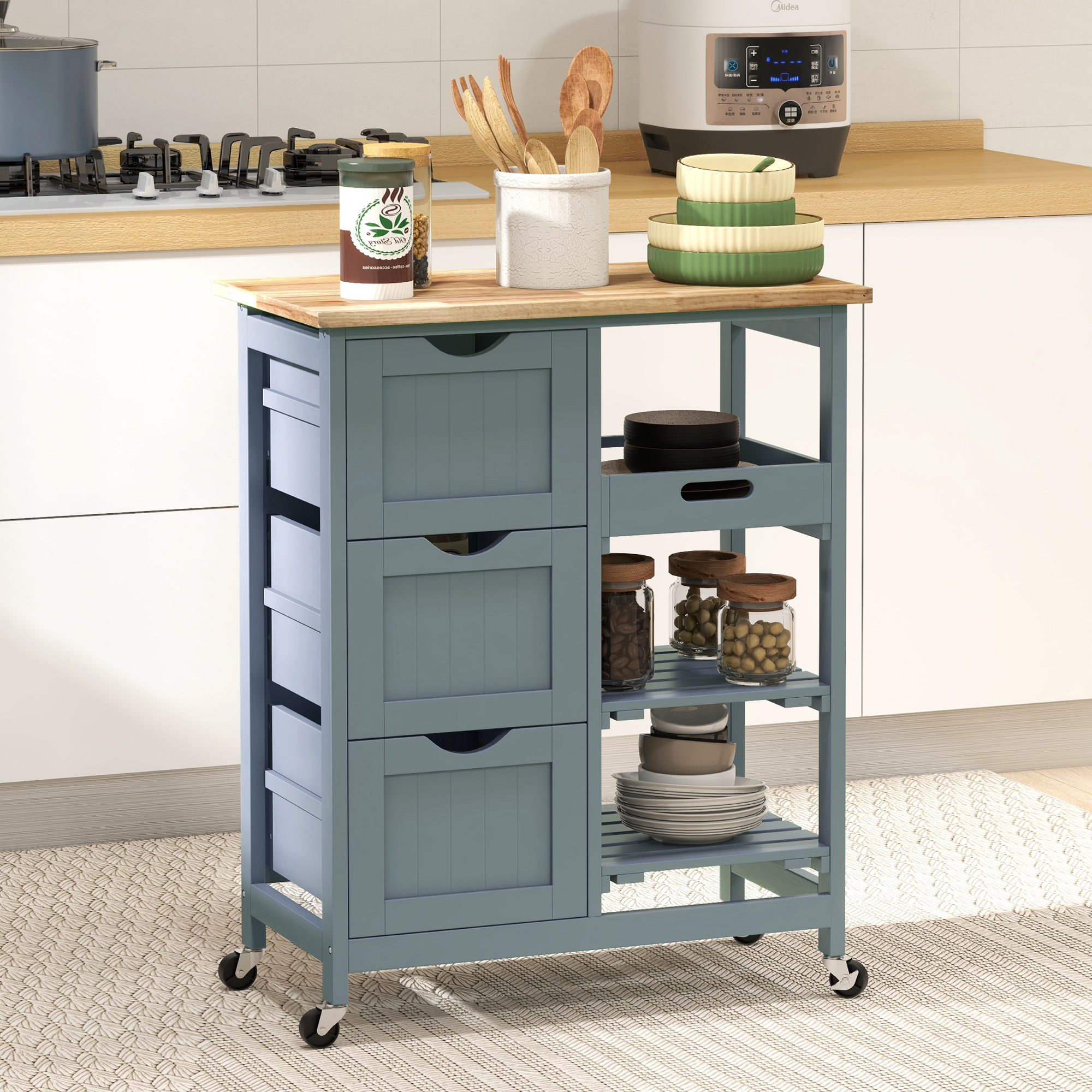 TEMU Chariot de Cuisine sur Roulettes avec Plateau en Bois, 3 Tiroirs et Étagères