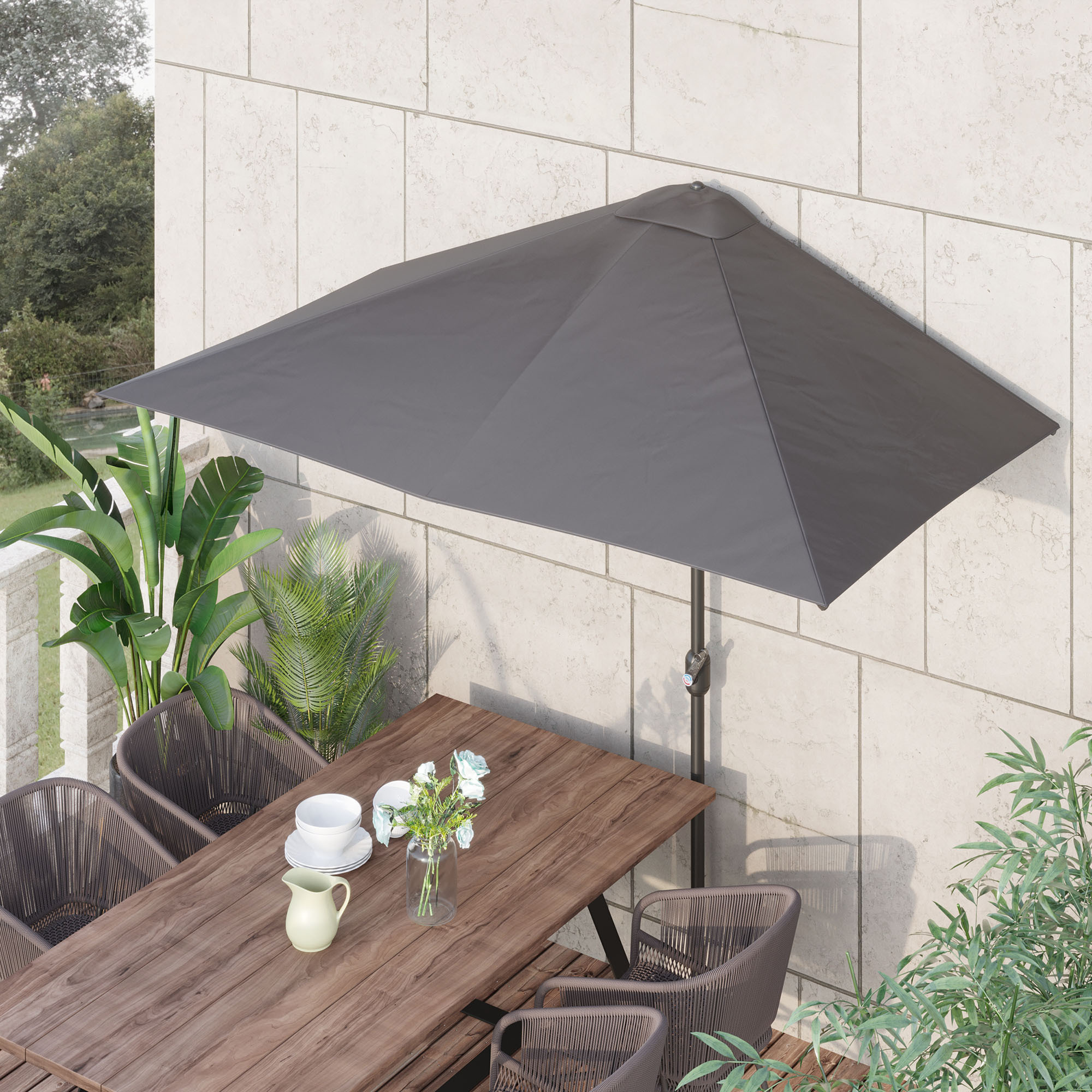 TEMU 8ft Parapluie mi-hauteur, parasol de balcon extérieur, patio, jardin, fenêtre extérieure, ombre solaire avec 5 baleines, blanc crème