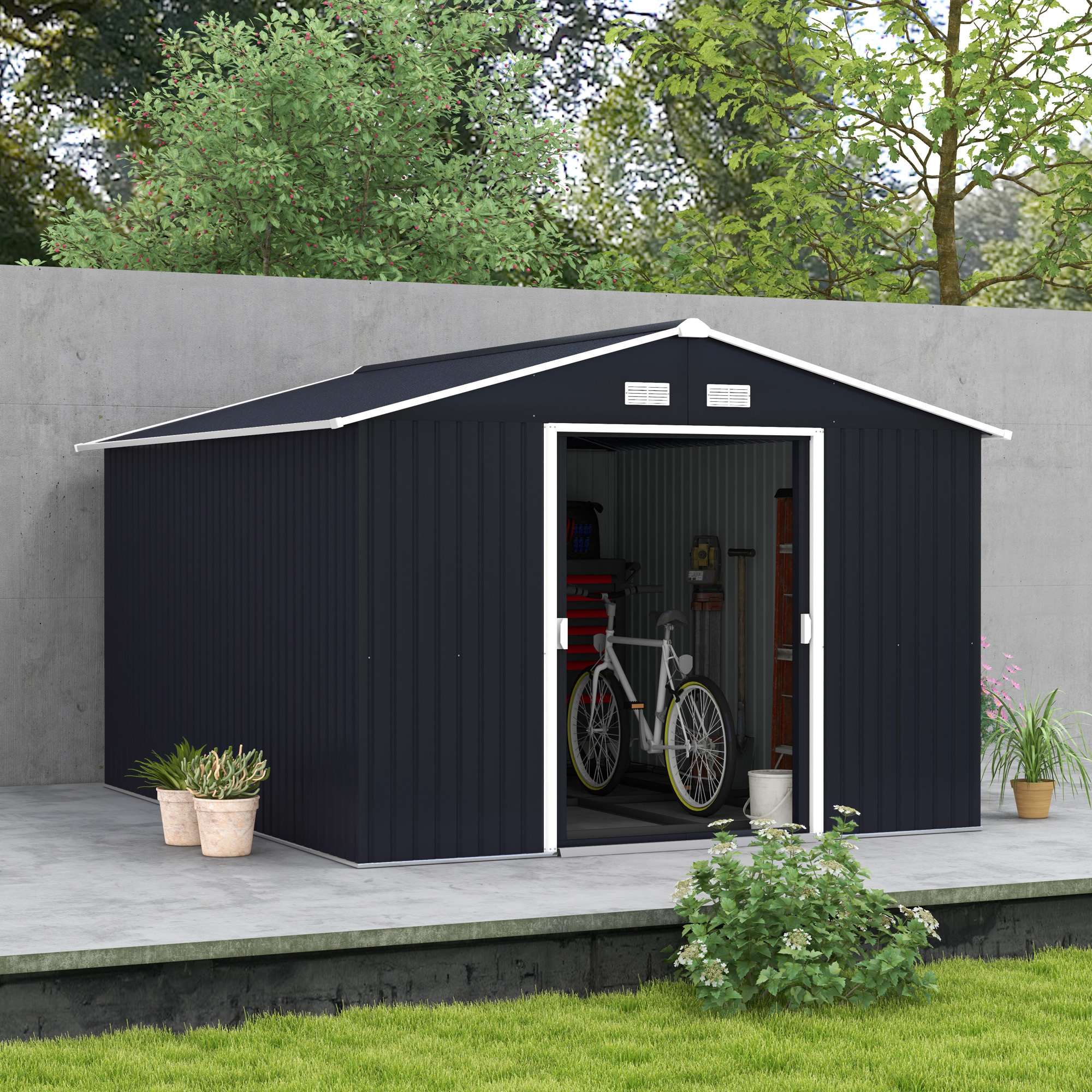 TEMU 9' x 11' Hangar de jardin avec kit de , maison de rangement de outils en métal avec portes pour patio extérieur, marron