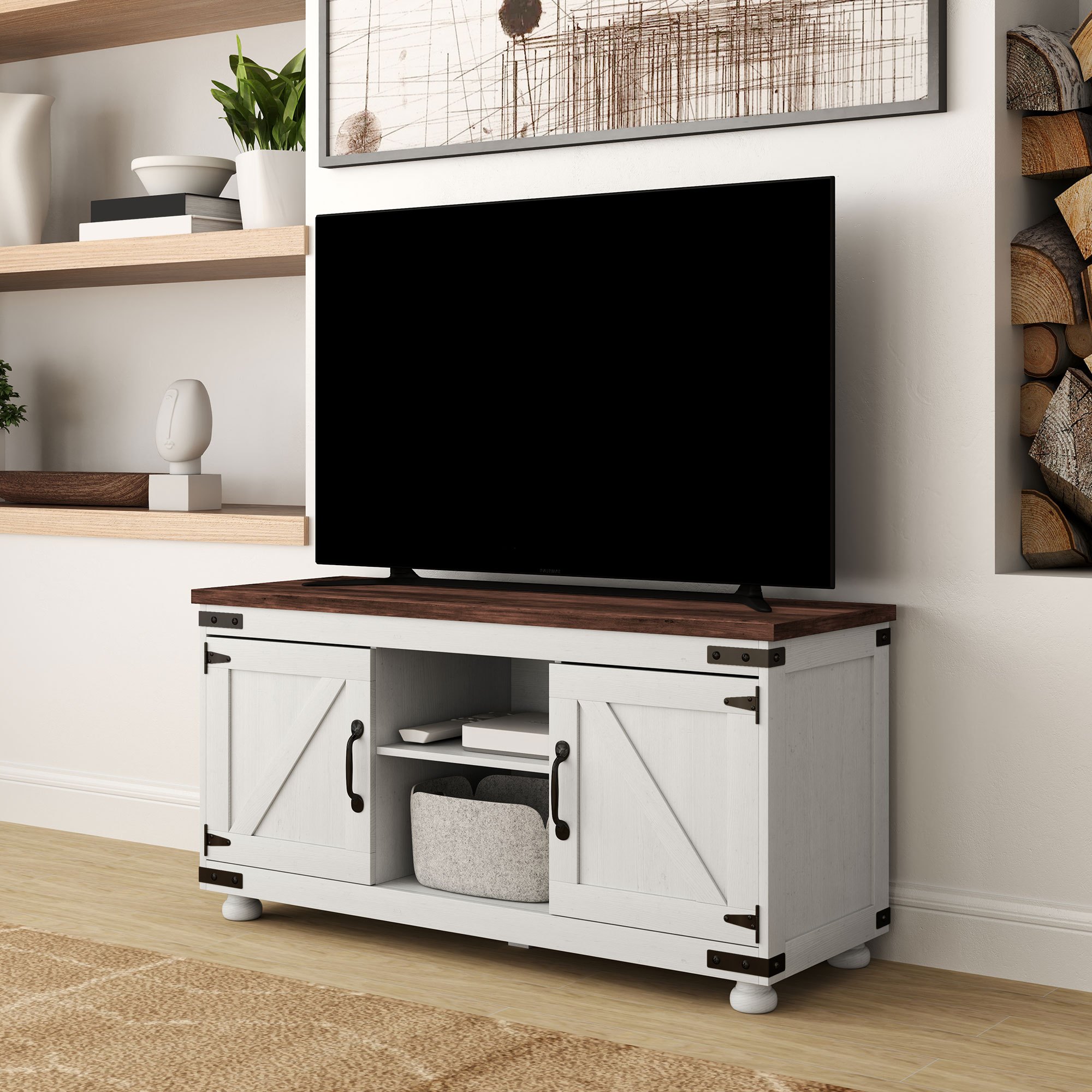 TEMU Support TV de ferme pour téléviseur jusqu'à 50 pouces avec portes de , blanc délabré