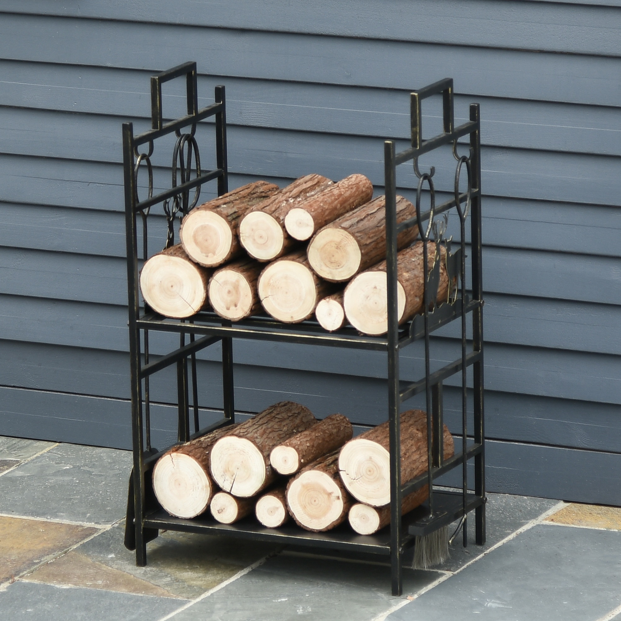 TEMU Support à Bois de Chauffage à 2 Niveaux Robuste avec 4 Outils, Or, Construction en Fer Forgé, Utilisation Intérieure et Extérieure, Économisant