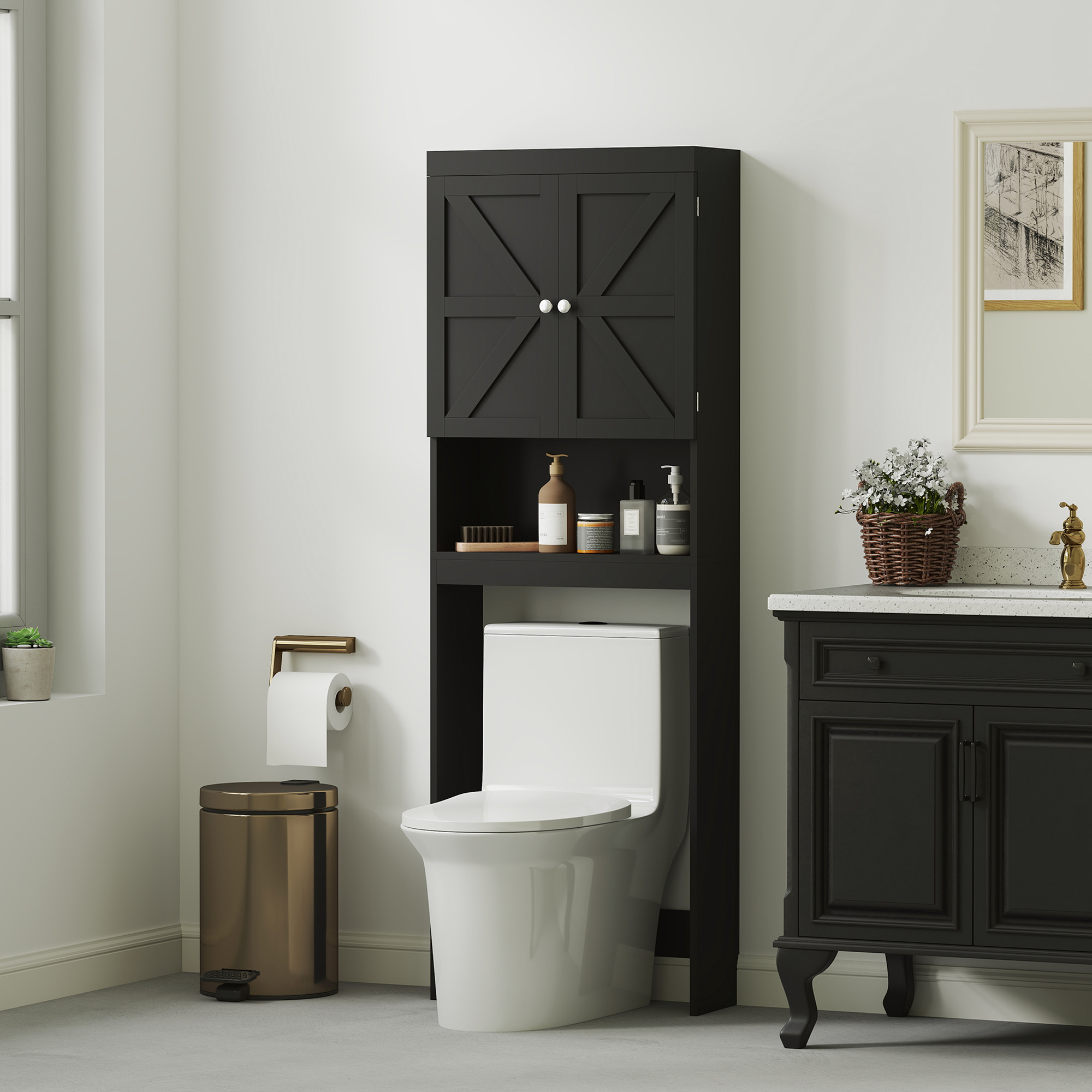 TEMU de rangement au-dessus des toilettes avec portes de et étagère ouverte
