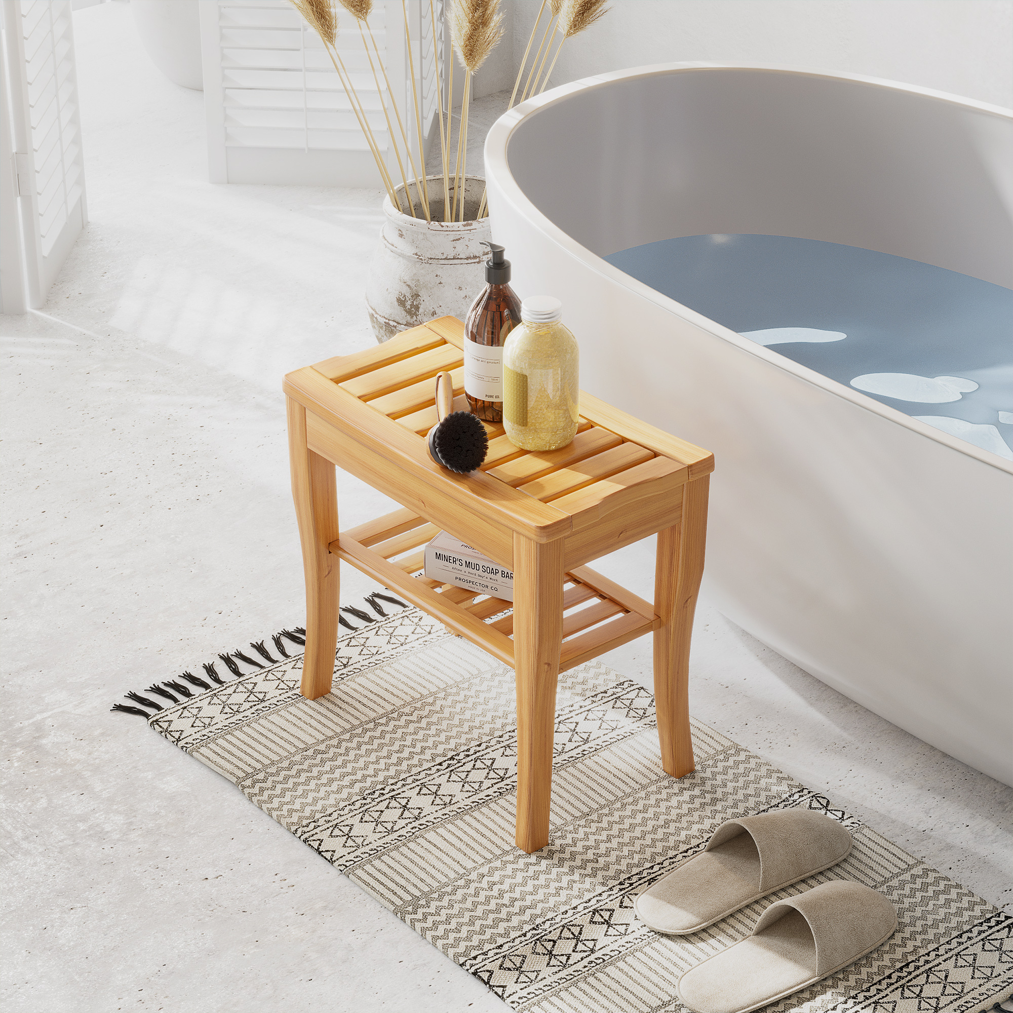 TEMU Banquette de douche en bambou de 20 pouces avec étagère