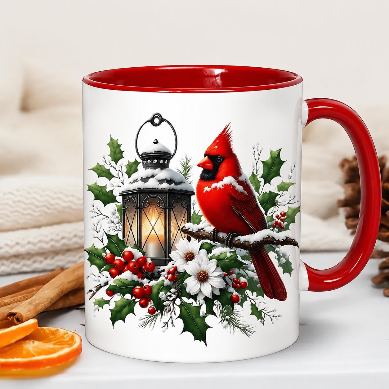TEMU Mug Hivernale avec Cardinal (Lanterne et Houx) - Célébrez avec ce ajout à votre collection | Mug pour Amoureux des Oiseaux | Compatible