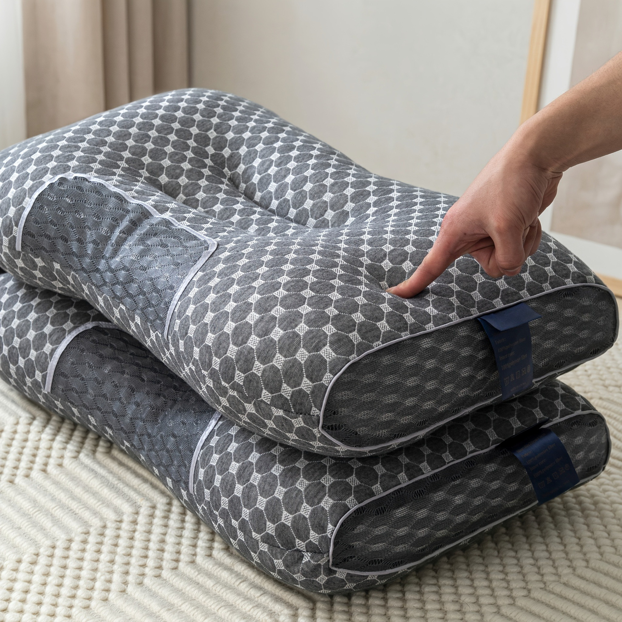 TEMU Lot de 2 oreillers de lit profilés pour dormir, rembourrage doux 100 % polyester avec tissu tricoté respirant et panneaux en aérée, oreillers de