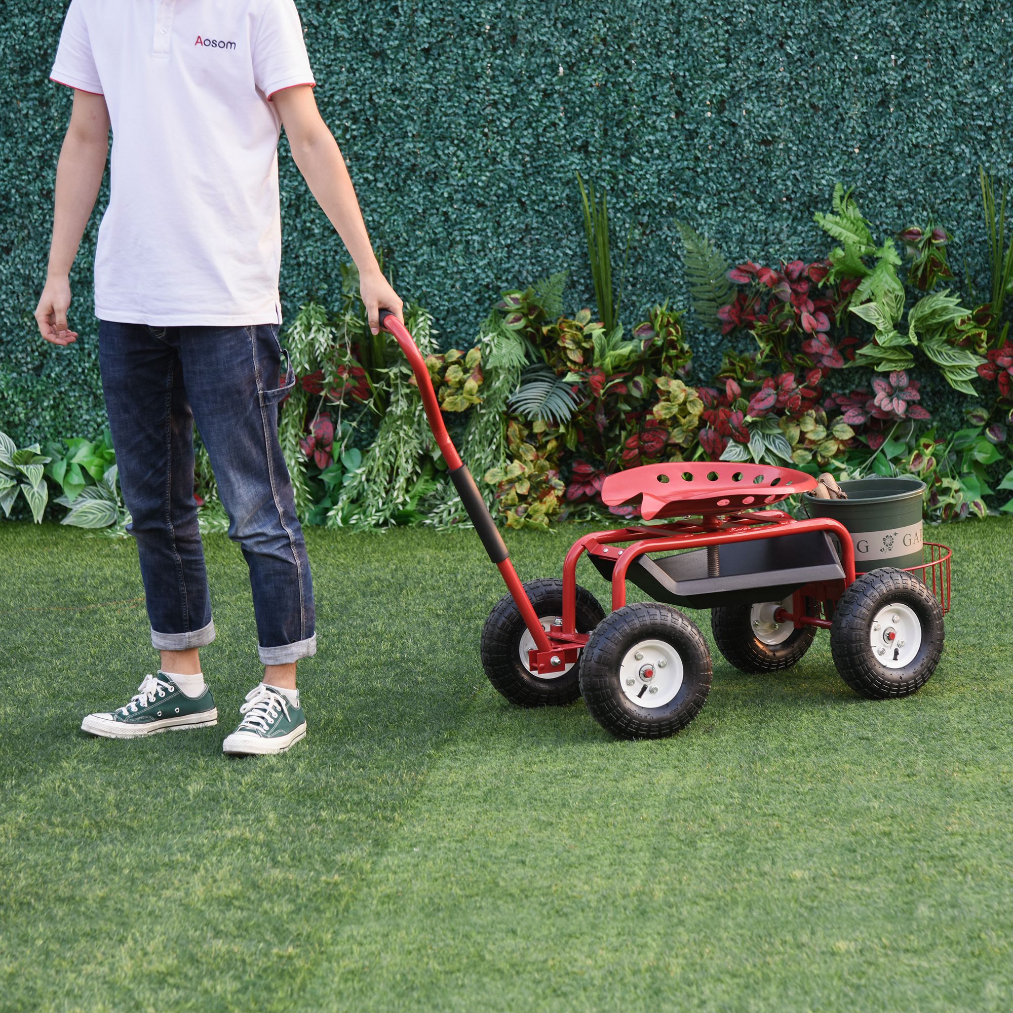TEMU Trotinette de Jardin, Chariot Roulant avec Pivot et Siège Réglable, Plateau à Outils, Panier à Seau, , Léger, Roues Universelles, Hauteur